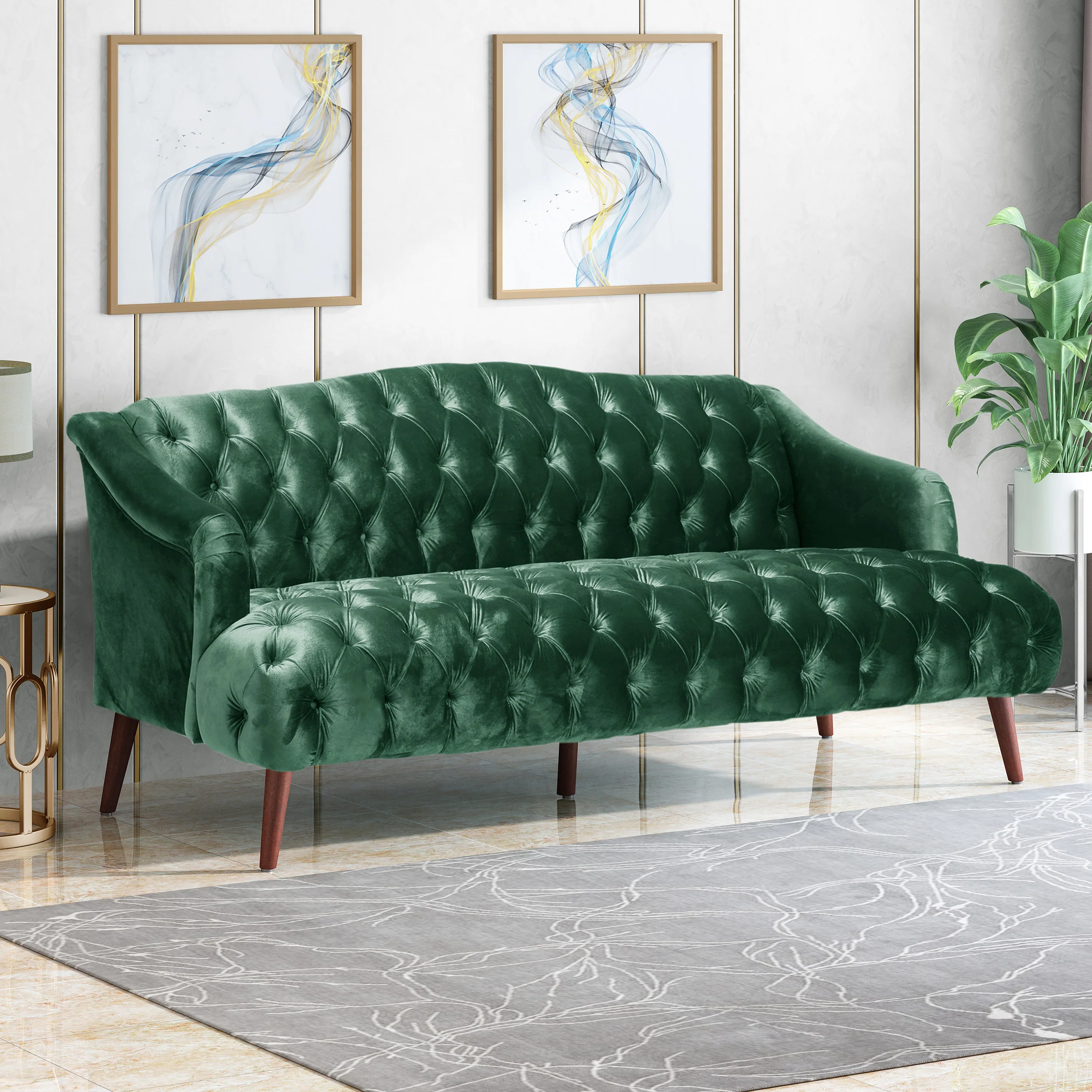Kayleigh Modern Glam Tufted Velvet 3 Seater Sofa - furnishings
