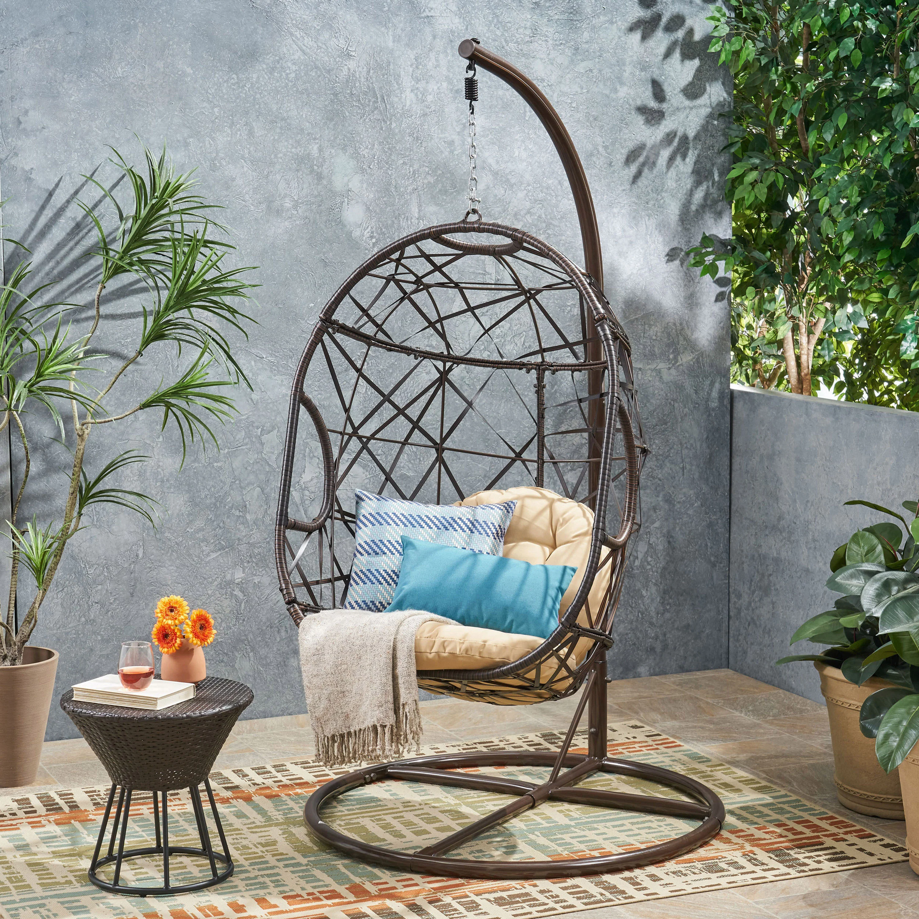 Guerneville Outdoor Brown Wicker Hanging Teardrop / Egg Chair - furnishings