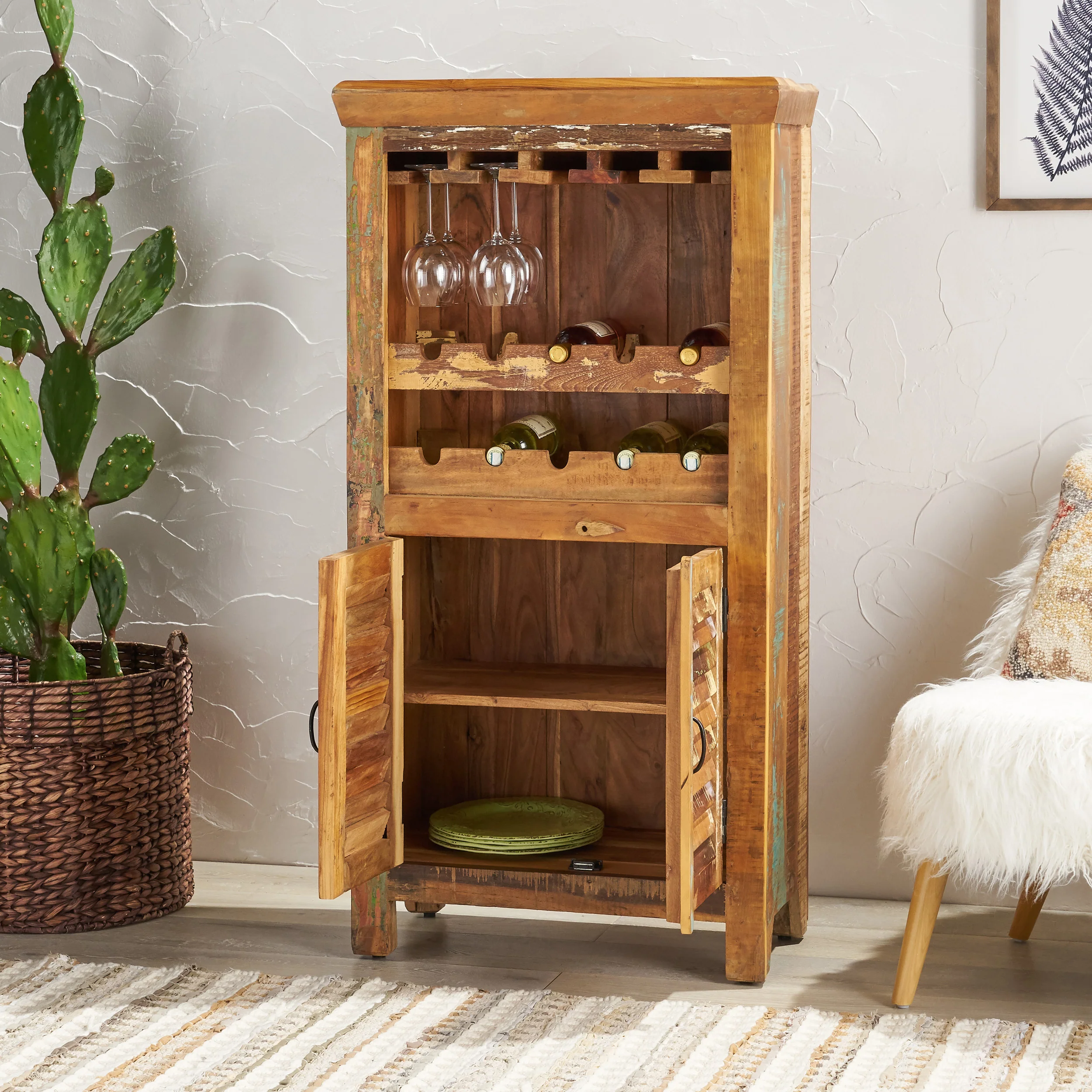 Sandy Shabby Reclaimed Wood Wine Rack Bar Cabinet - furnishings