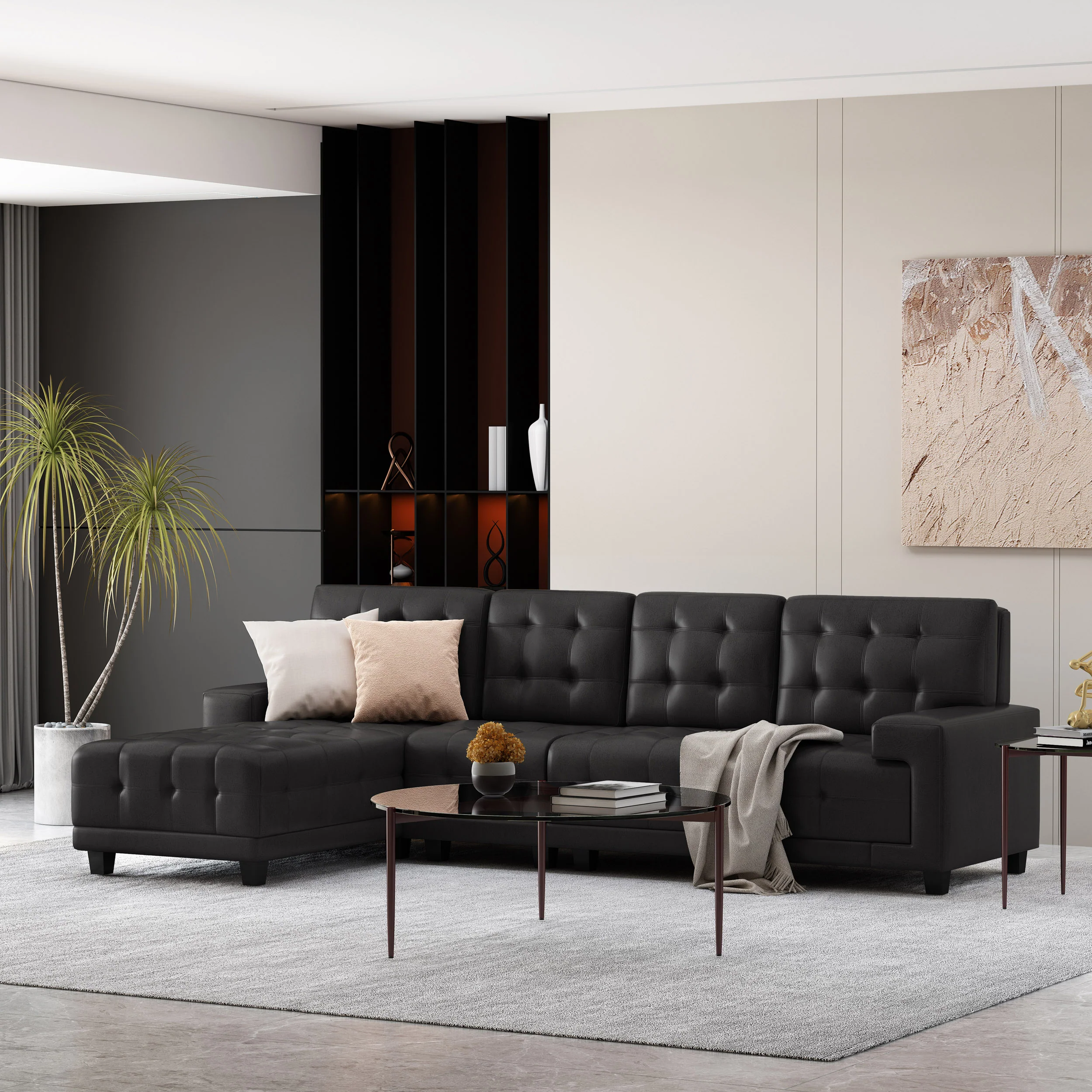 Littell Contemporary Faux Leather Tufted 4 Seater Sofa and Chaise Lounge Sectional Set - furnishings