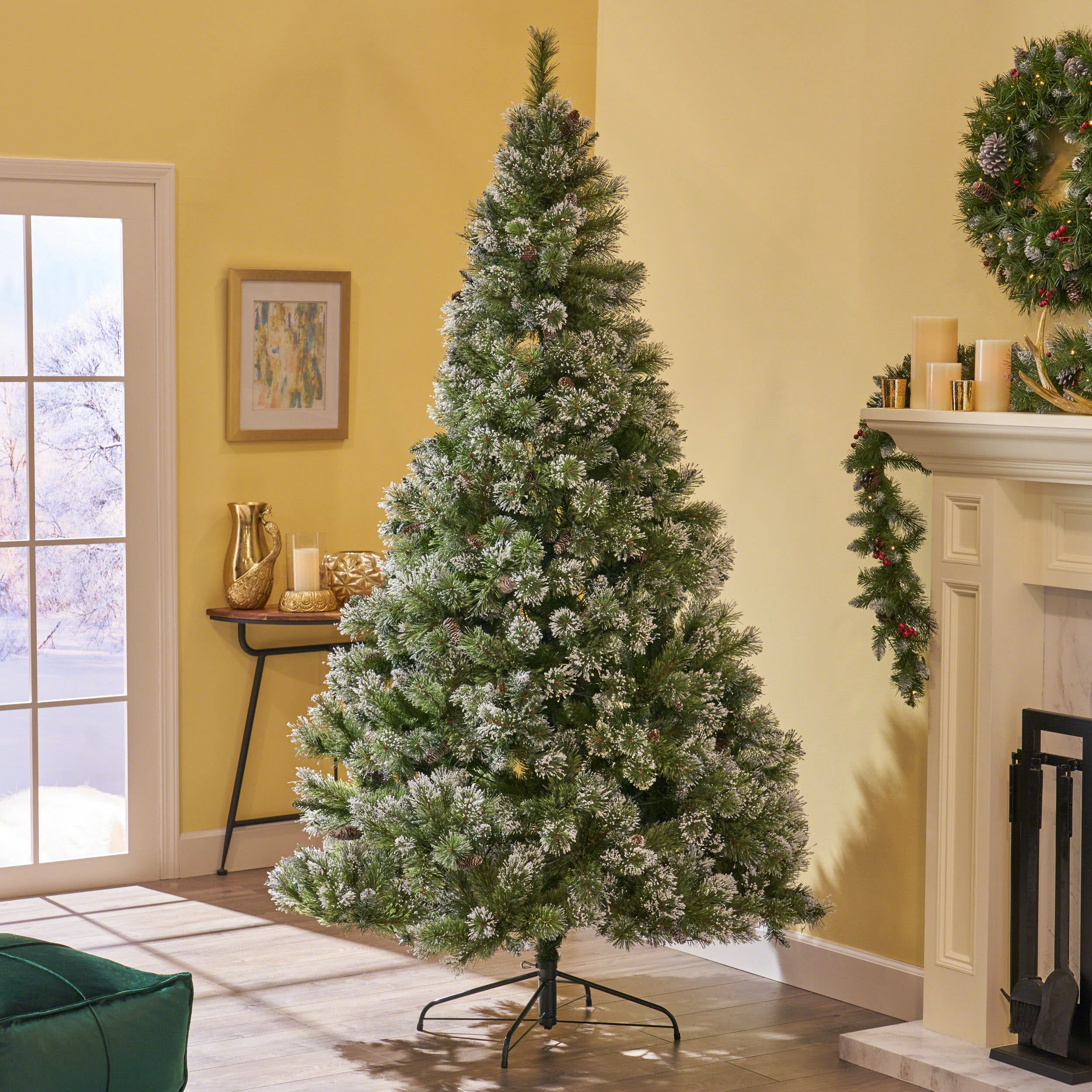 7.5-foot Cashmere Pine and Mixed Needles Hinged Artificial Christmas Tree with Snow and Glitter Branches and Frosted Pinecones - furnishings