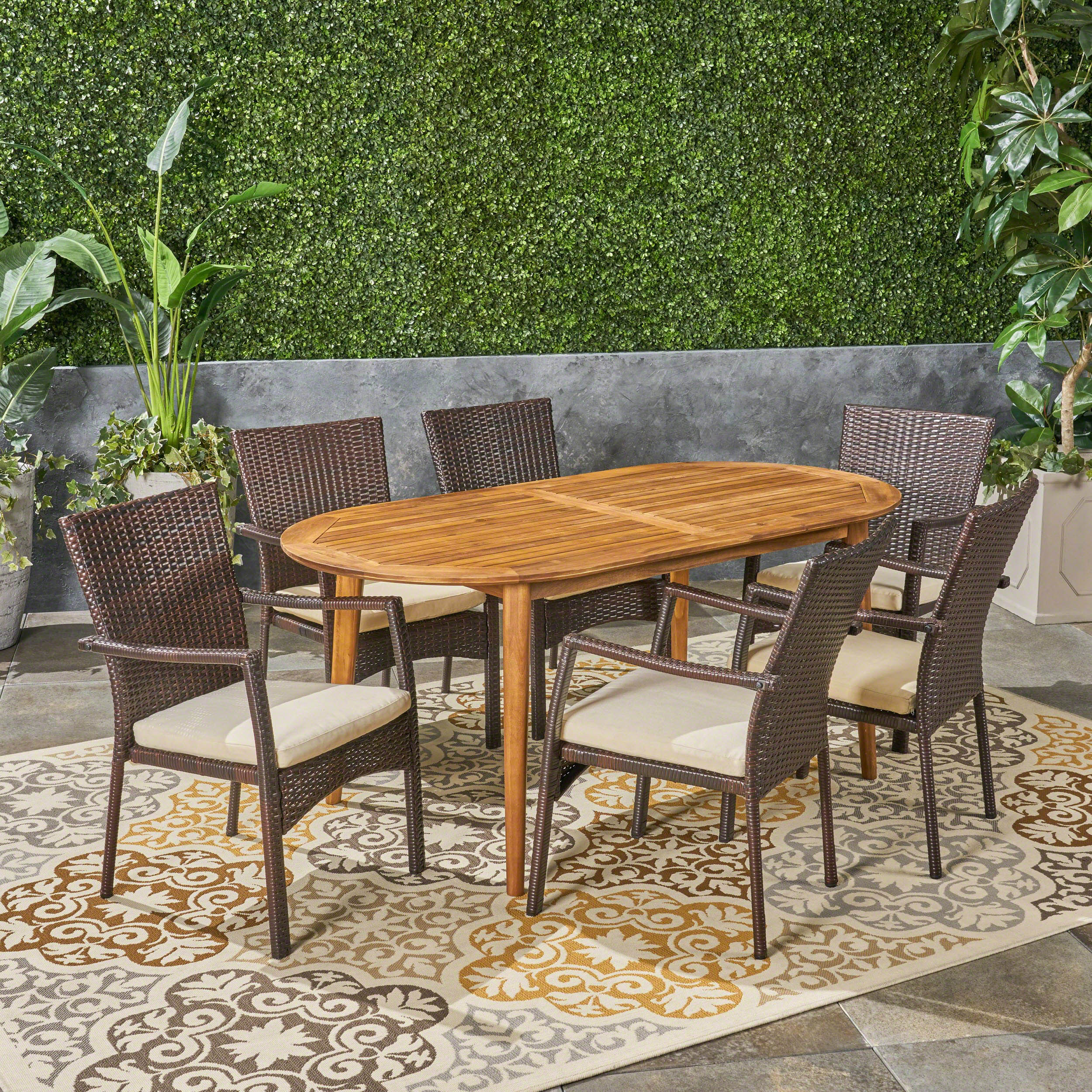 Stanfer Outdoor 7-Piece Acacia Wood Dining Set with Wicker Chairs - furnishings
