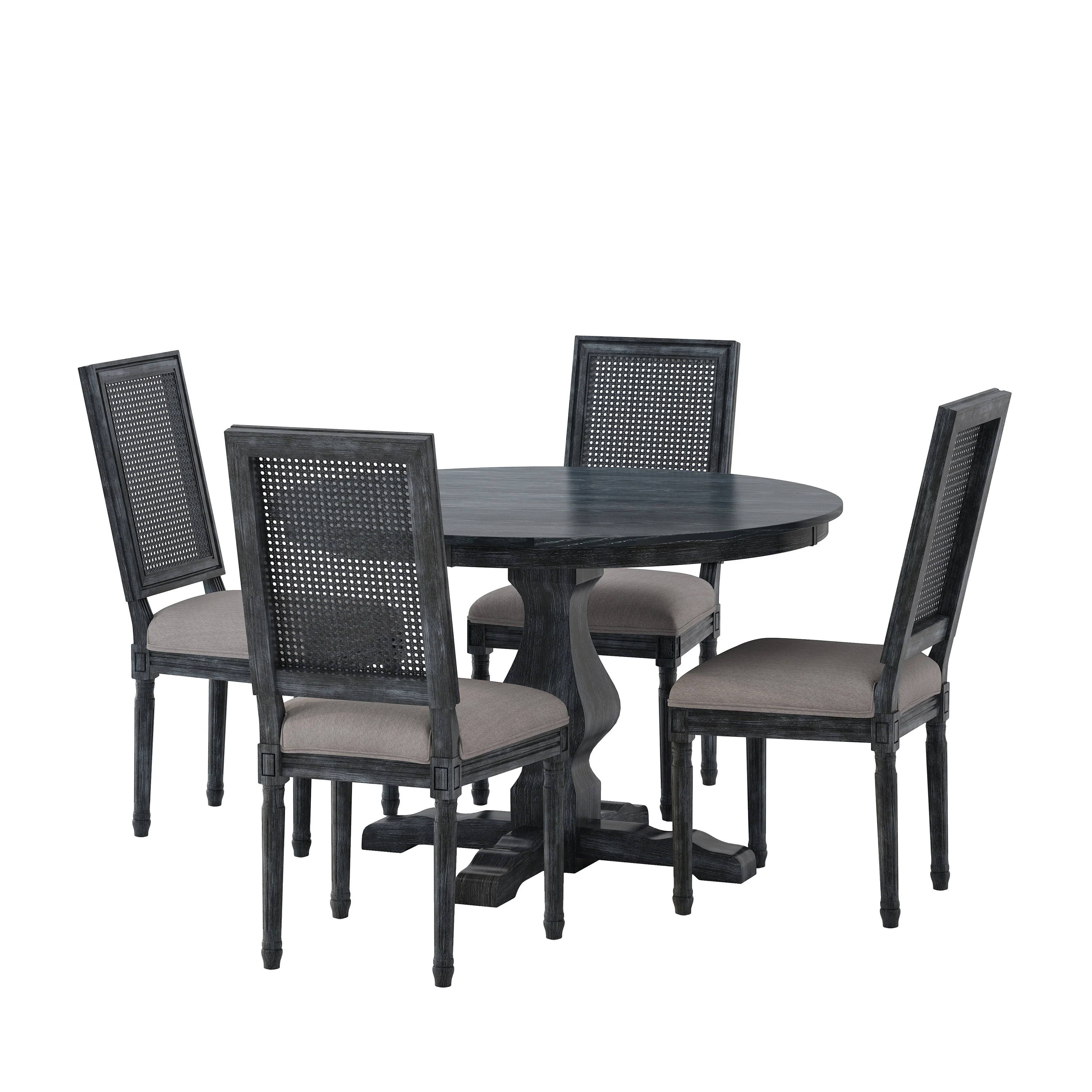 Merlene French Country Fabric Upholstered Wood and Cane 5 Piece Circular Dining Set - furnishings