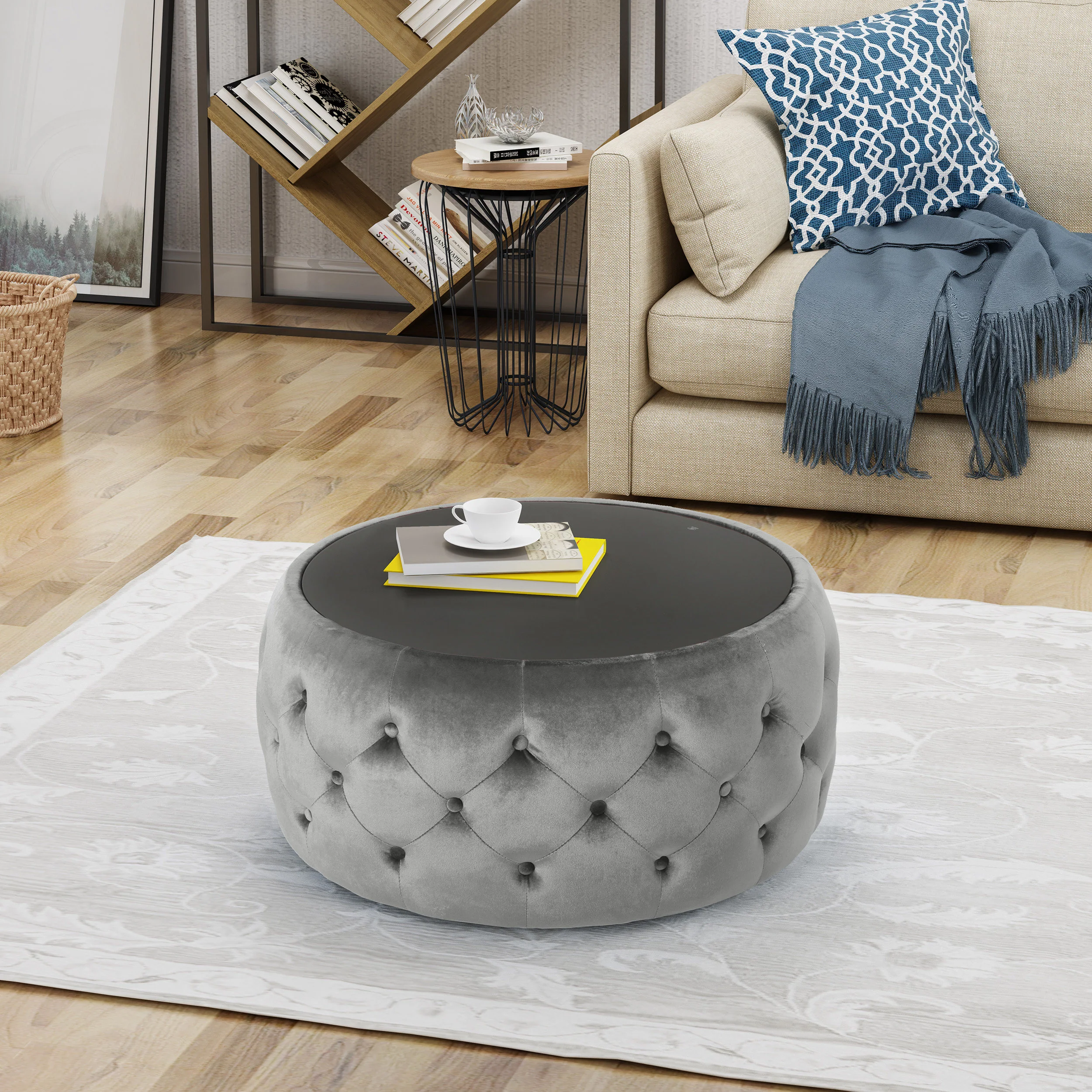 Ivy Glam Velvet and Tempered Glass Coffee Table Ottoman - furnishings