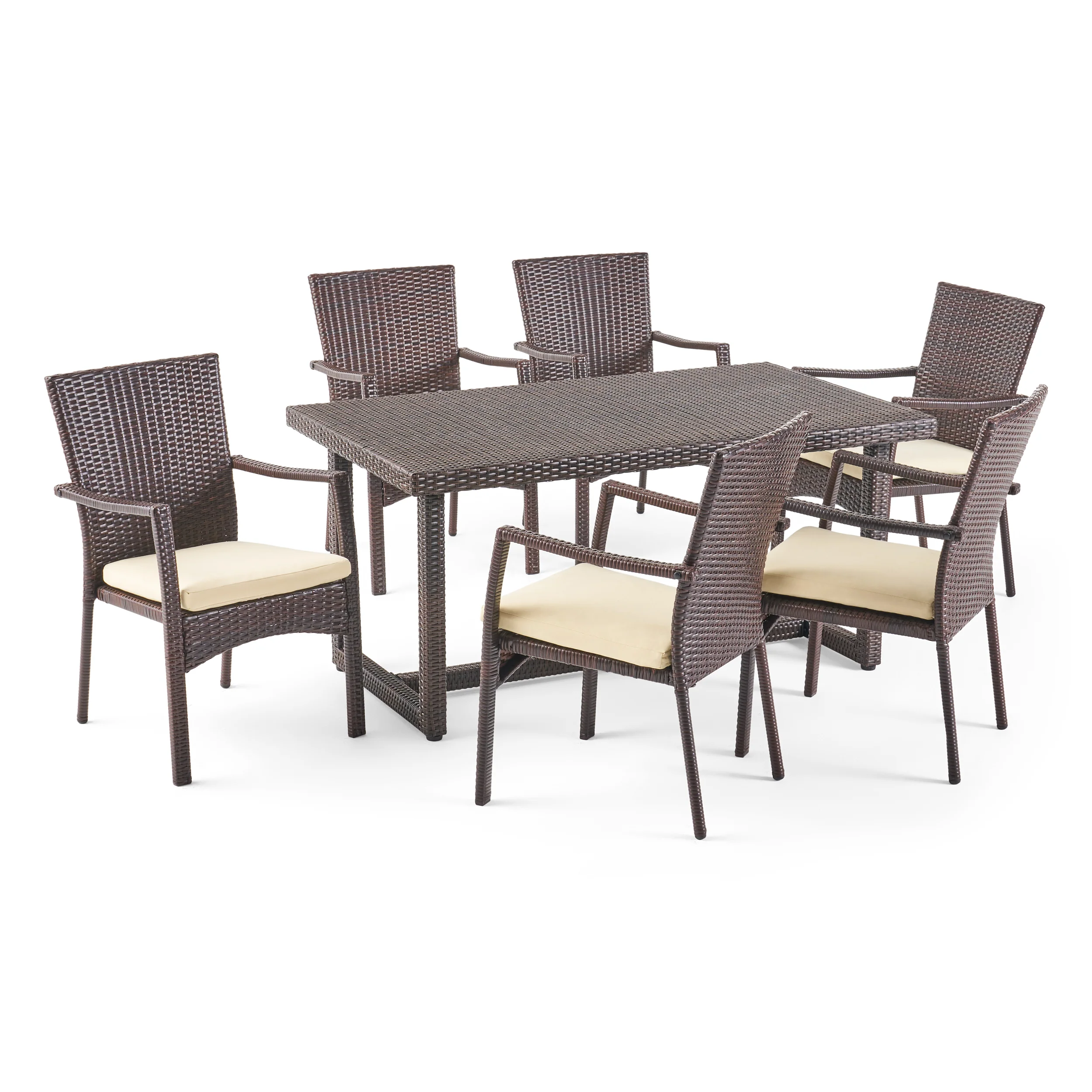 Able Outdoor Transitional 7-Piece Multi-Brown Wicker Dining Set with Cushions - furnishings