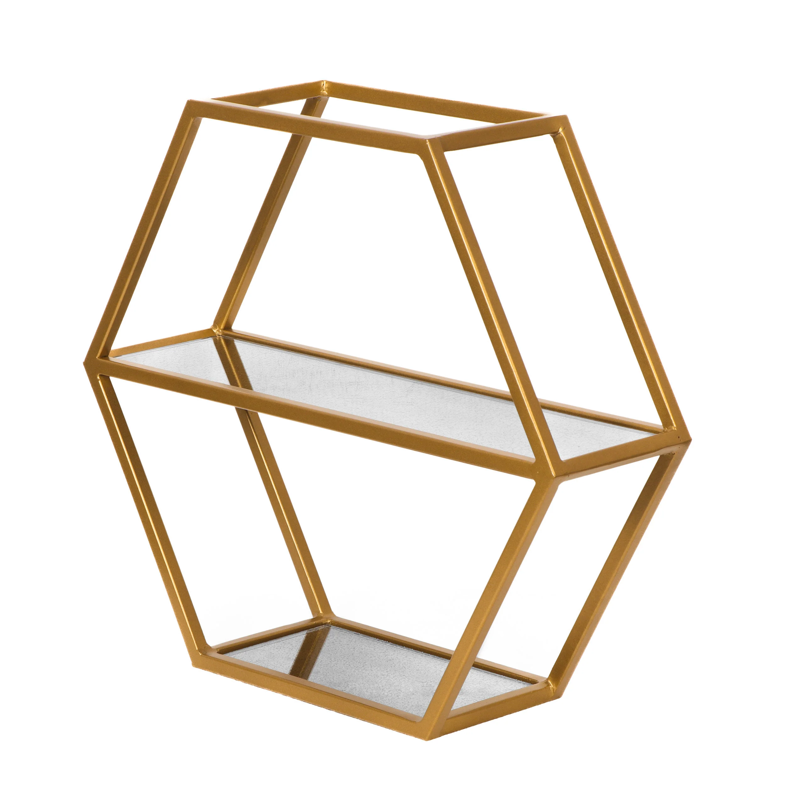 Mohaven Modern Glam Handcrafted Glass 2 Shelf Hexagonal Decorative Shelf, Antique Gold - furnishings