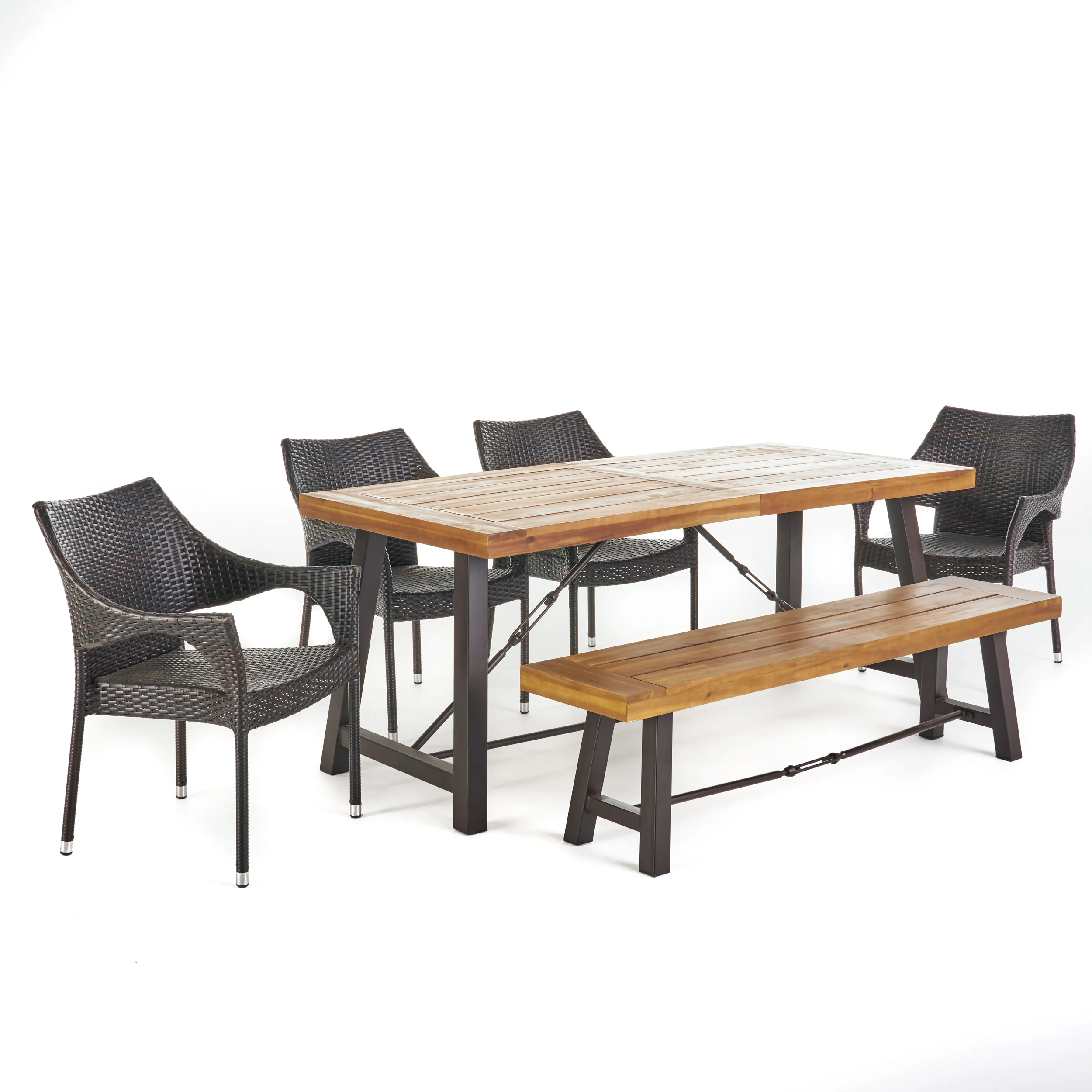 Montenegro Outdoor 6 Piece Teak Finished Acacia Wood Dining Set with Stacking Chairs - furnishings