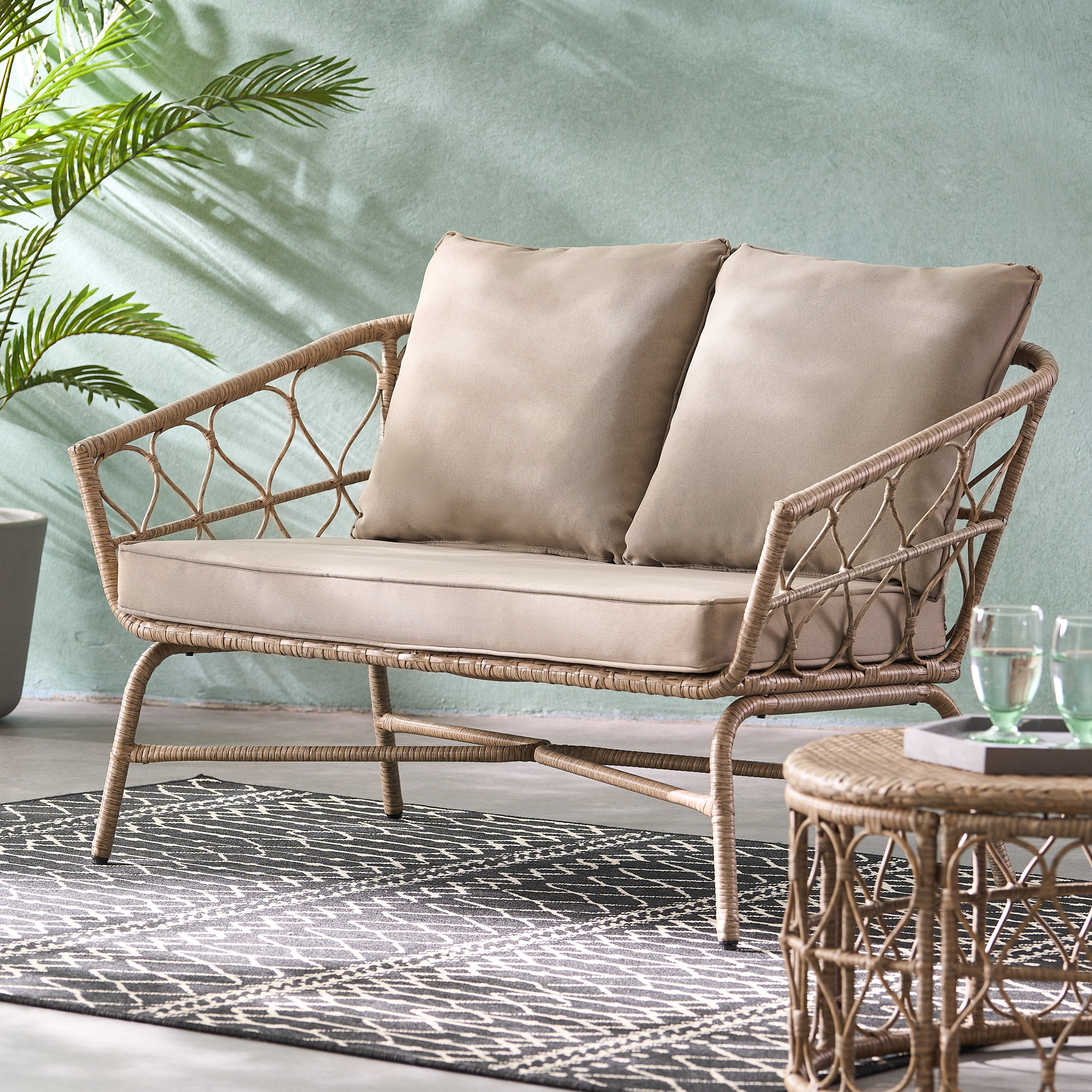 Colmar Outdoor Wicker Loveseat with Cushions, Light Brown and Beige - furnishings