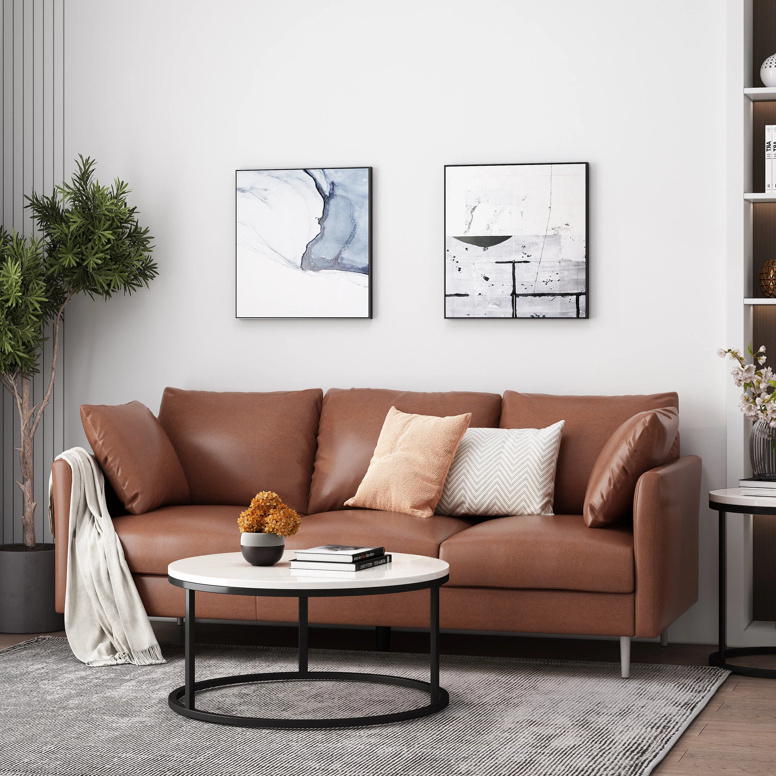 Syosset Modern Faux Leather 3 Seater Sofa with Pillows - furnishings
