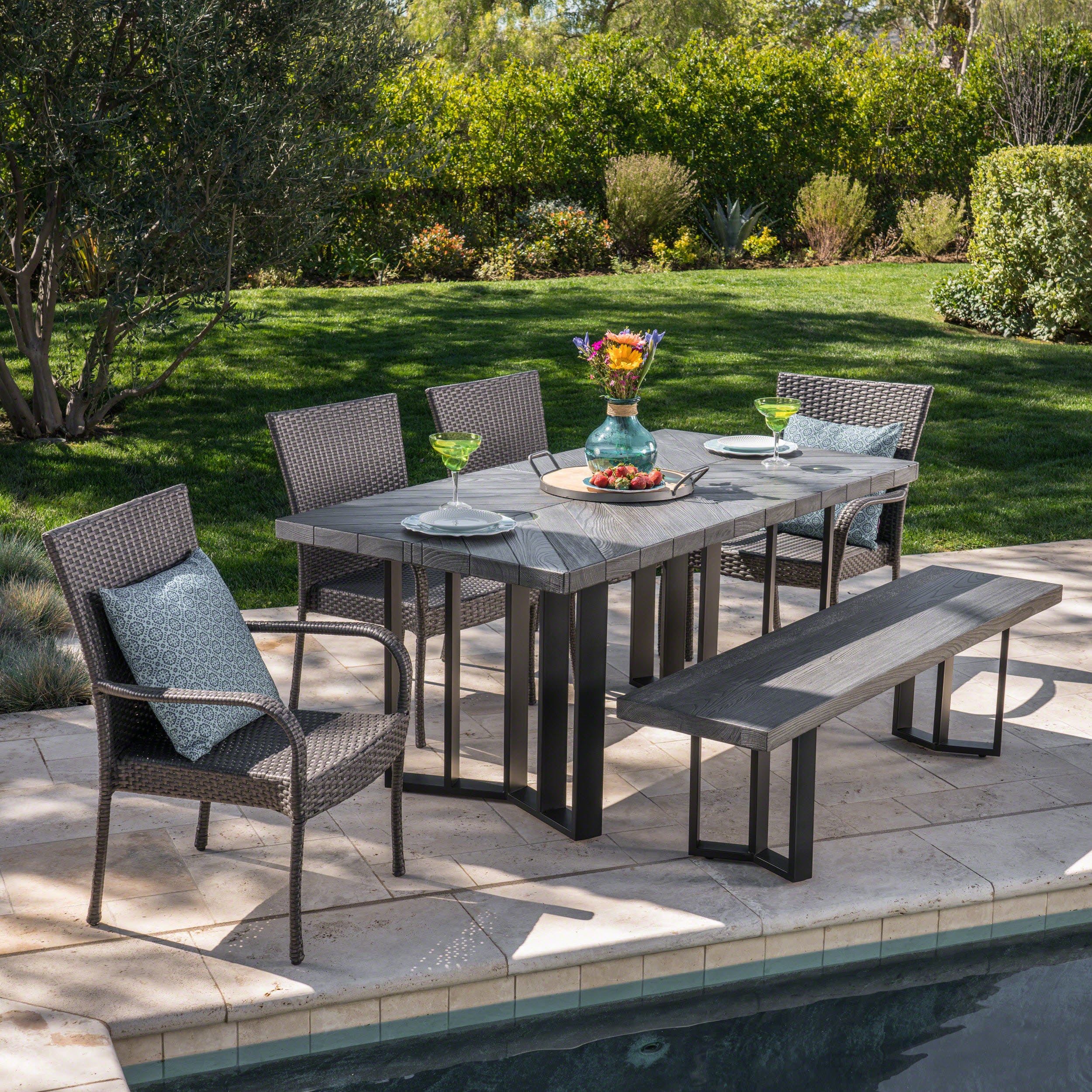 Fiona Outdoor 6 Piece Wicker Dining Set with Concrete Dining Table and Bench - furnishings