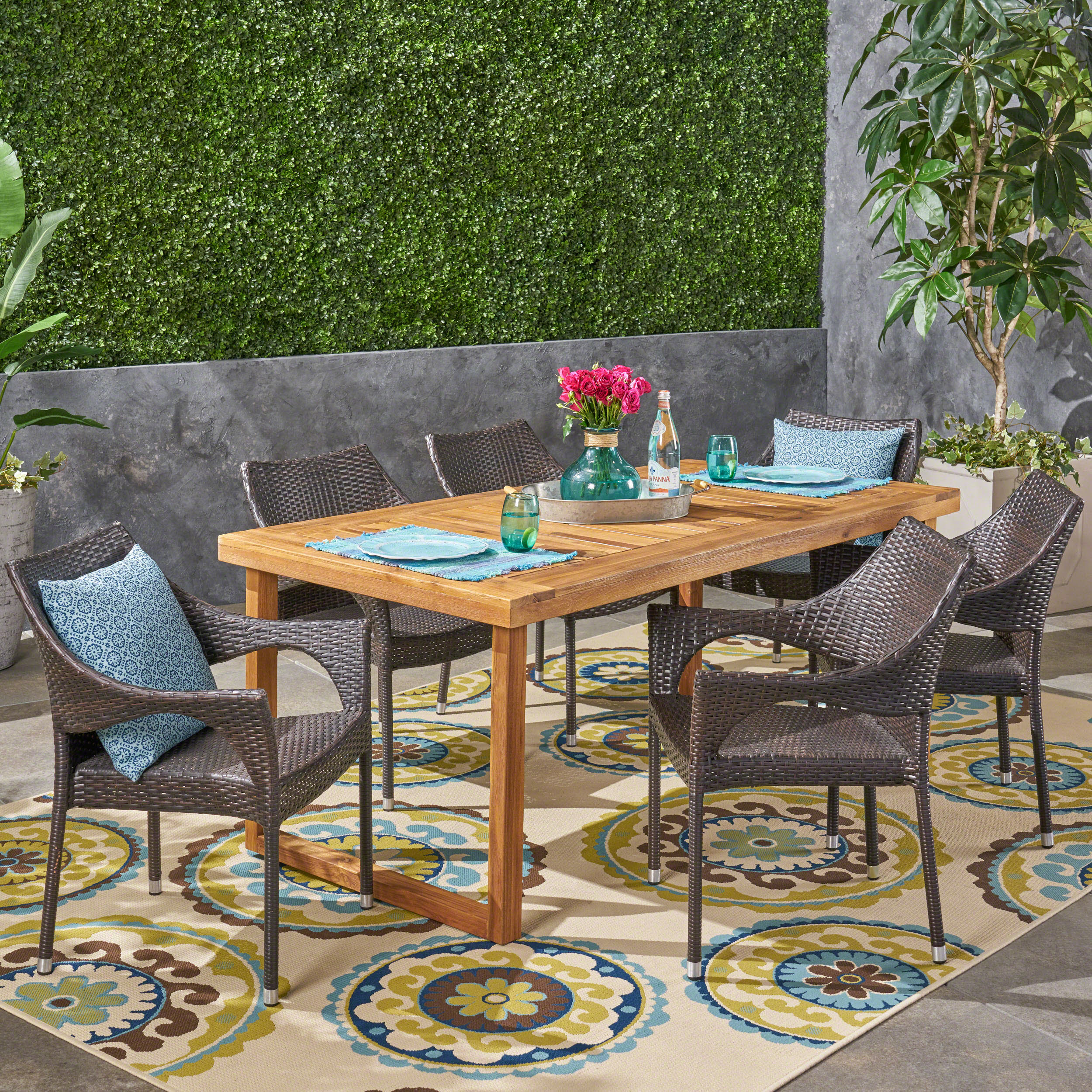 Cason Outdoor 7 Piece Acacia Wood Dining Set with Stacking Wicker Chairs, Sandblast Natural and Multi Brown - furnishings
