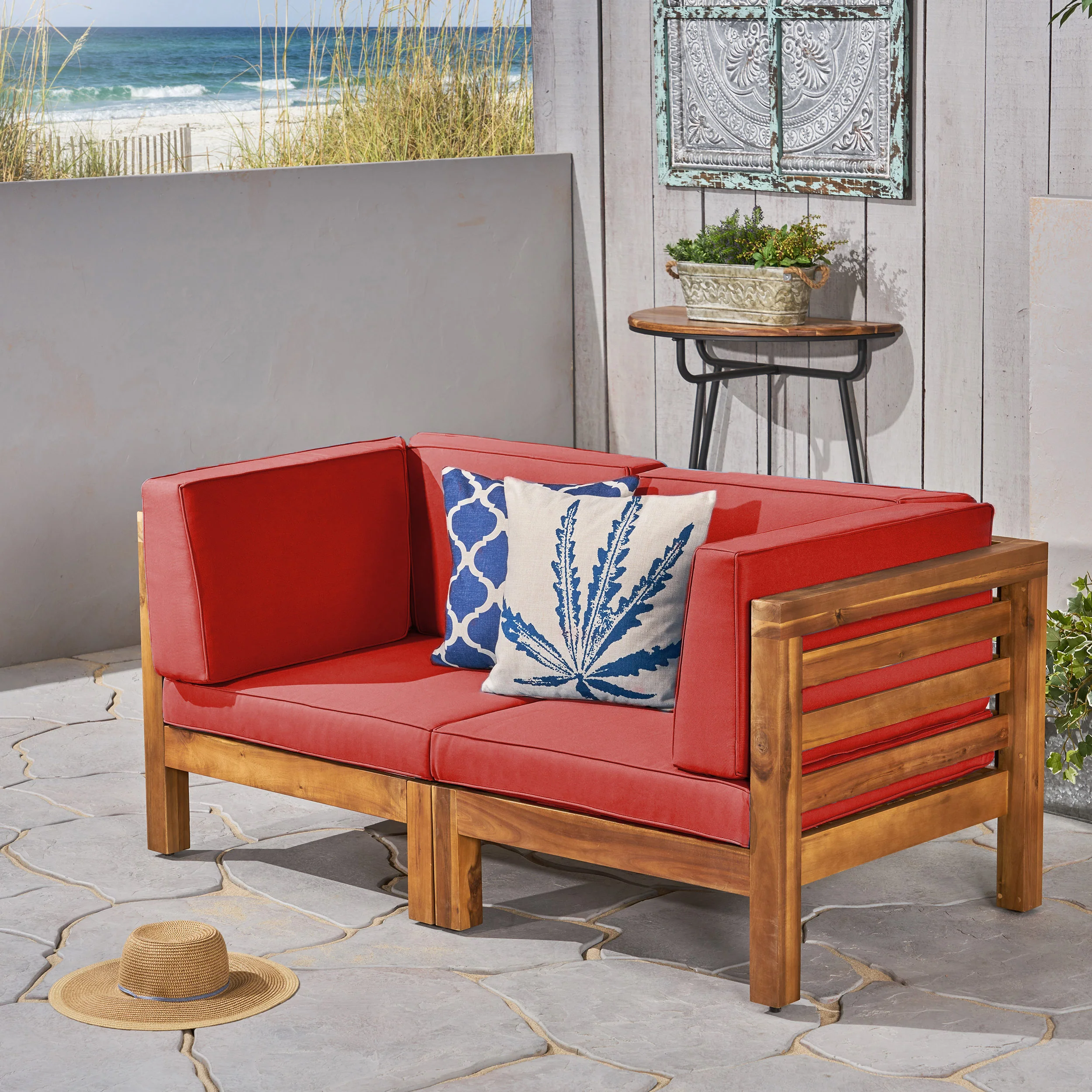 Dawson Outdoor 2-Seater Acacia Wood Sectional Loveseat Set with Cushions - furnishings