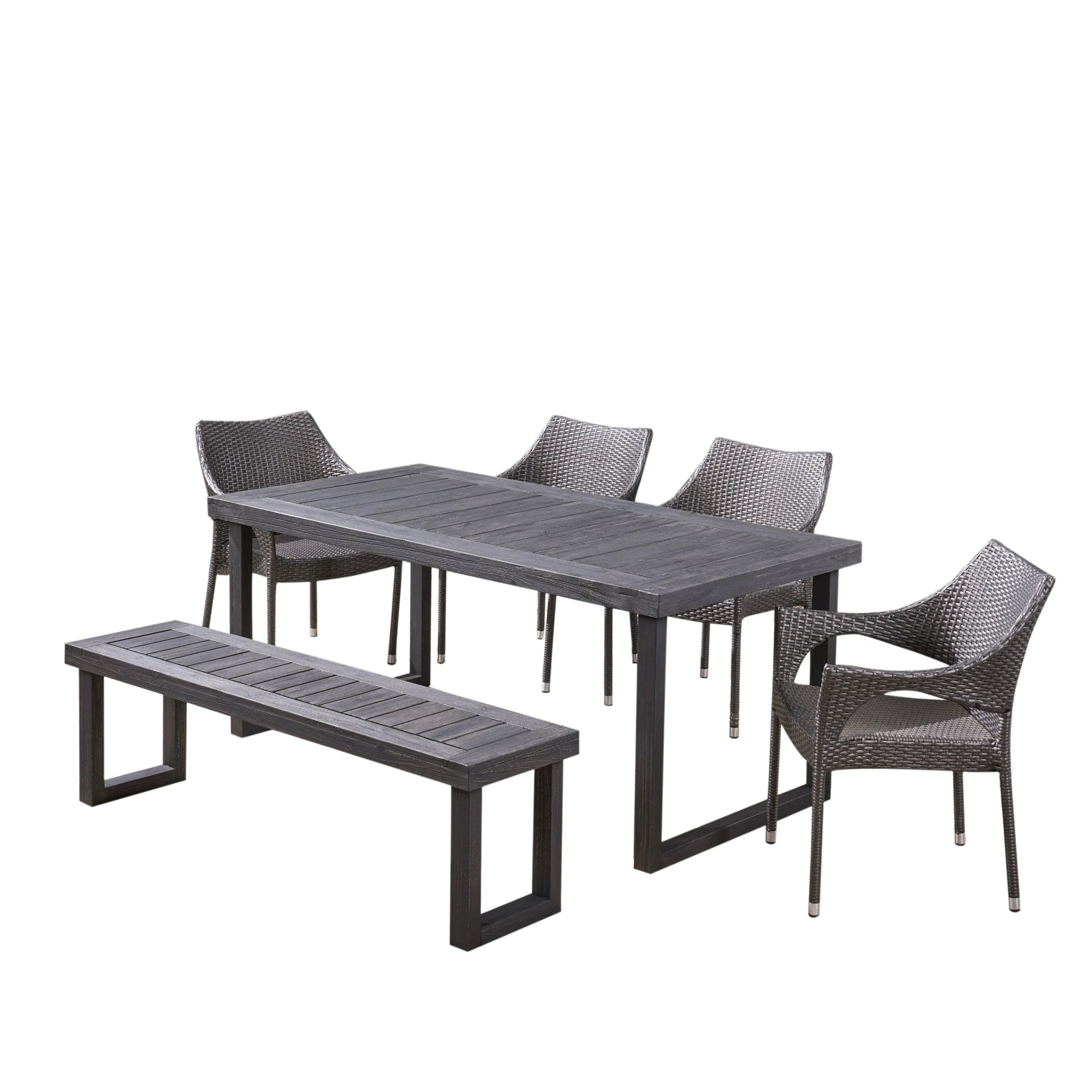 Cason Outdoor 6-Seater Wood and Wicker Chair and Bench Dining Set - furnishings