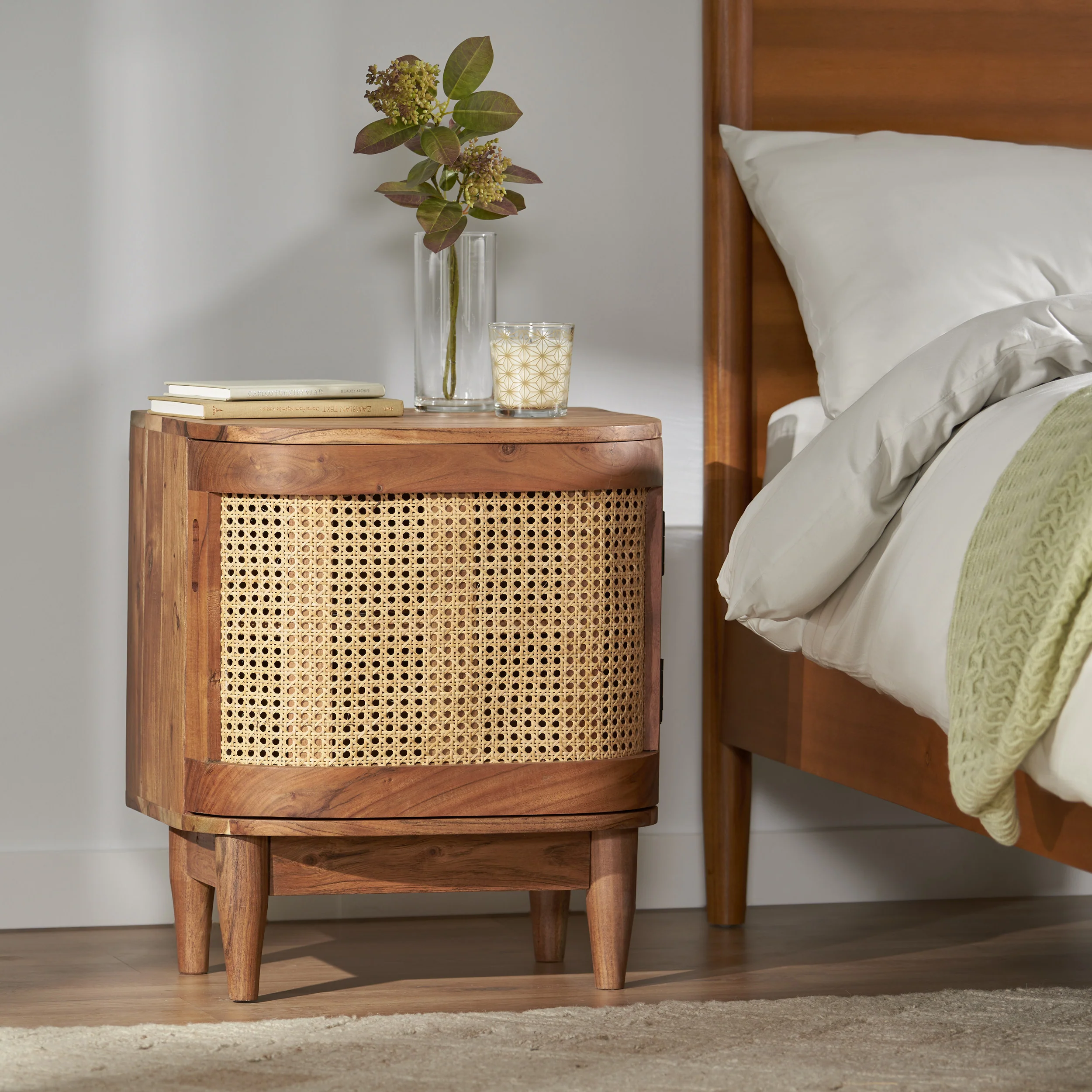 Cerny Rustic Handmade Wood and Cane Nightstand Cabinet, Natural - furnishings