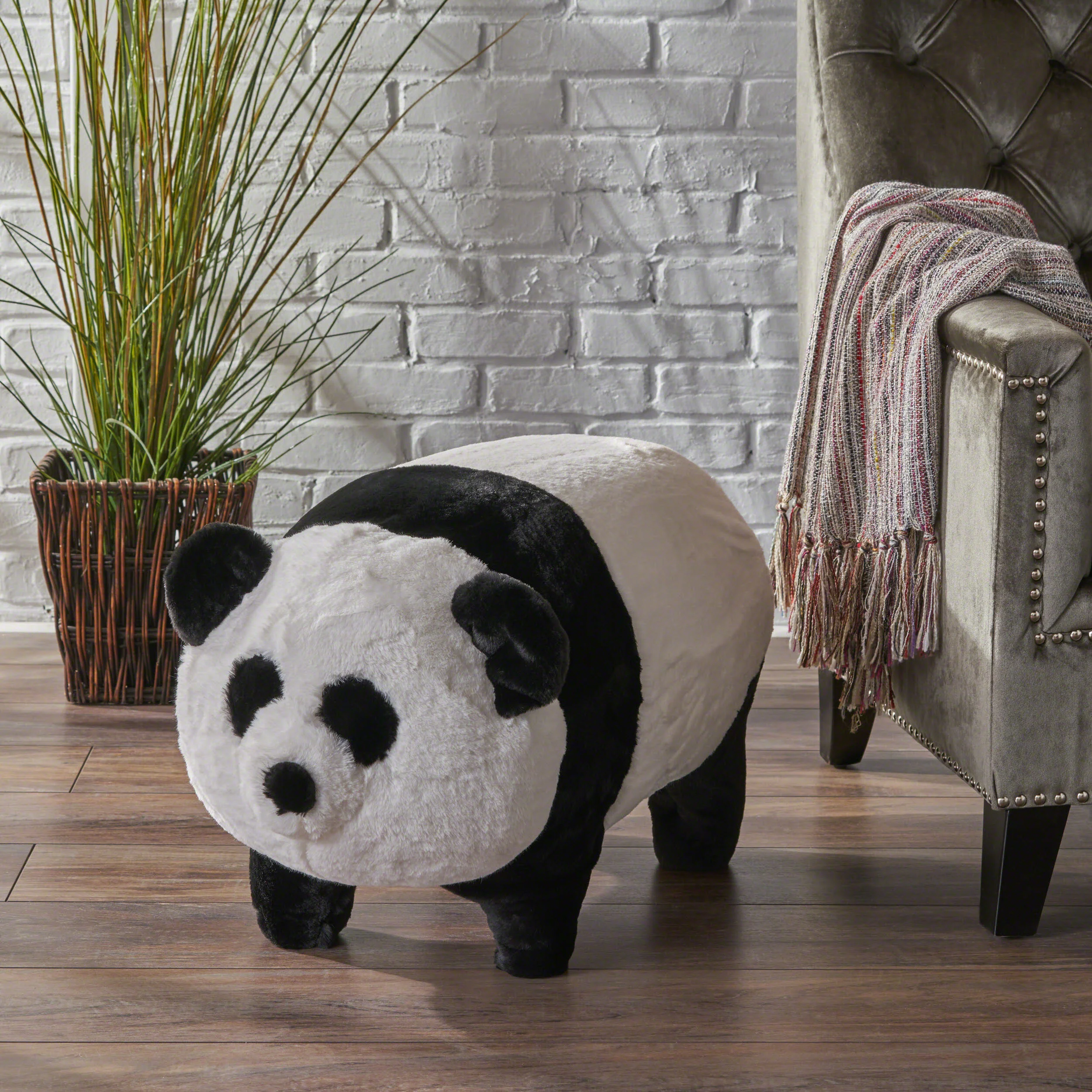 Jom Kid's White and Black Furry Panda Ottoman - furnishings