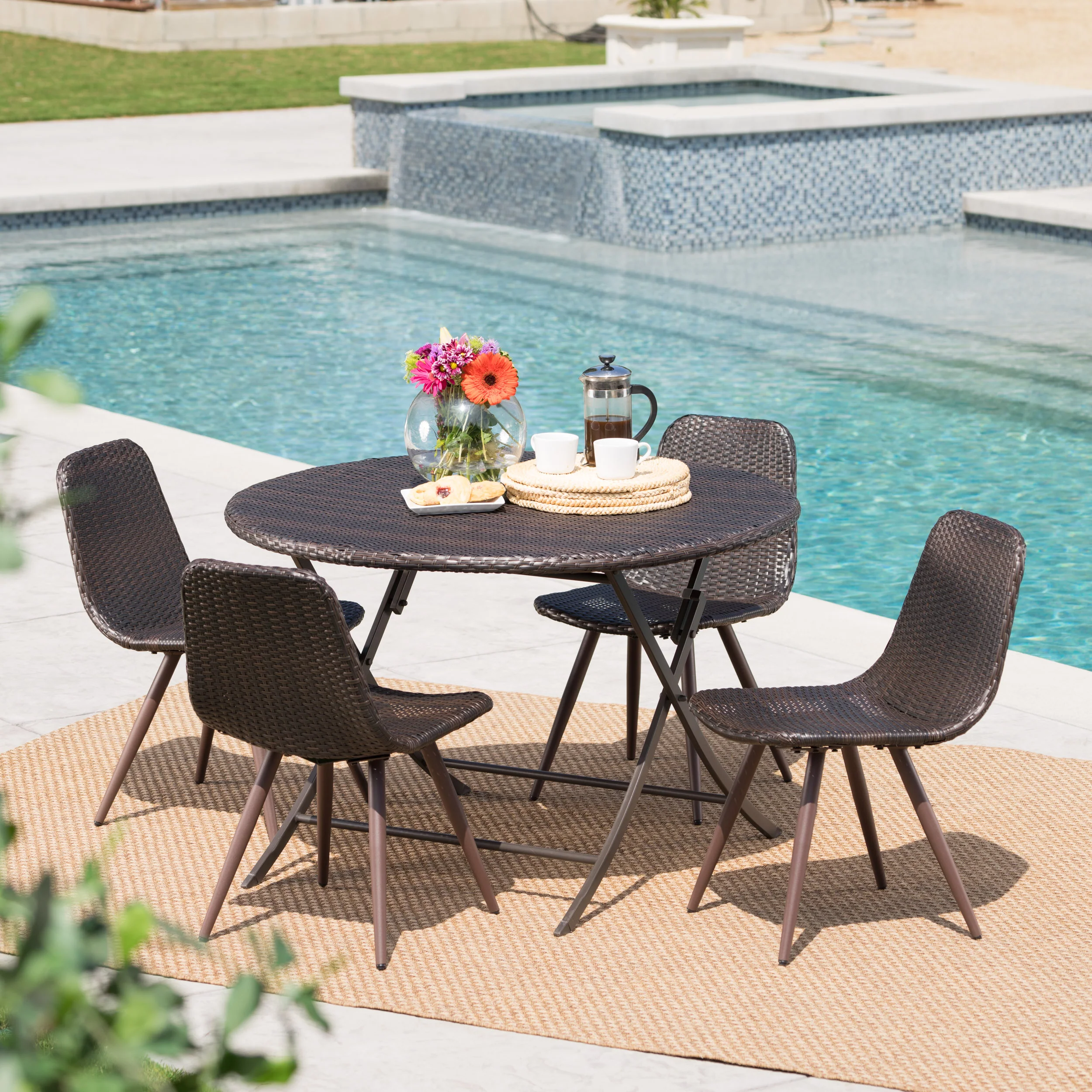 Judith Caleb Outdoor 5 Piece Multi-brown Wicker Dining Set with Foldable Table - furnishings