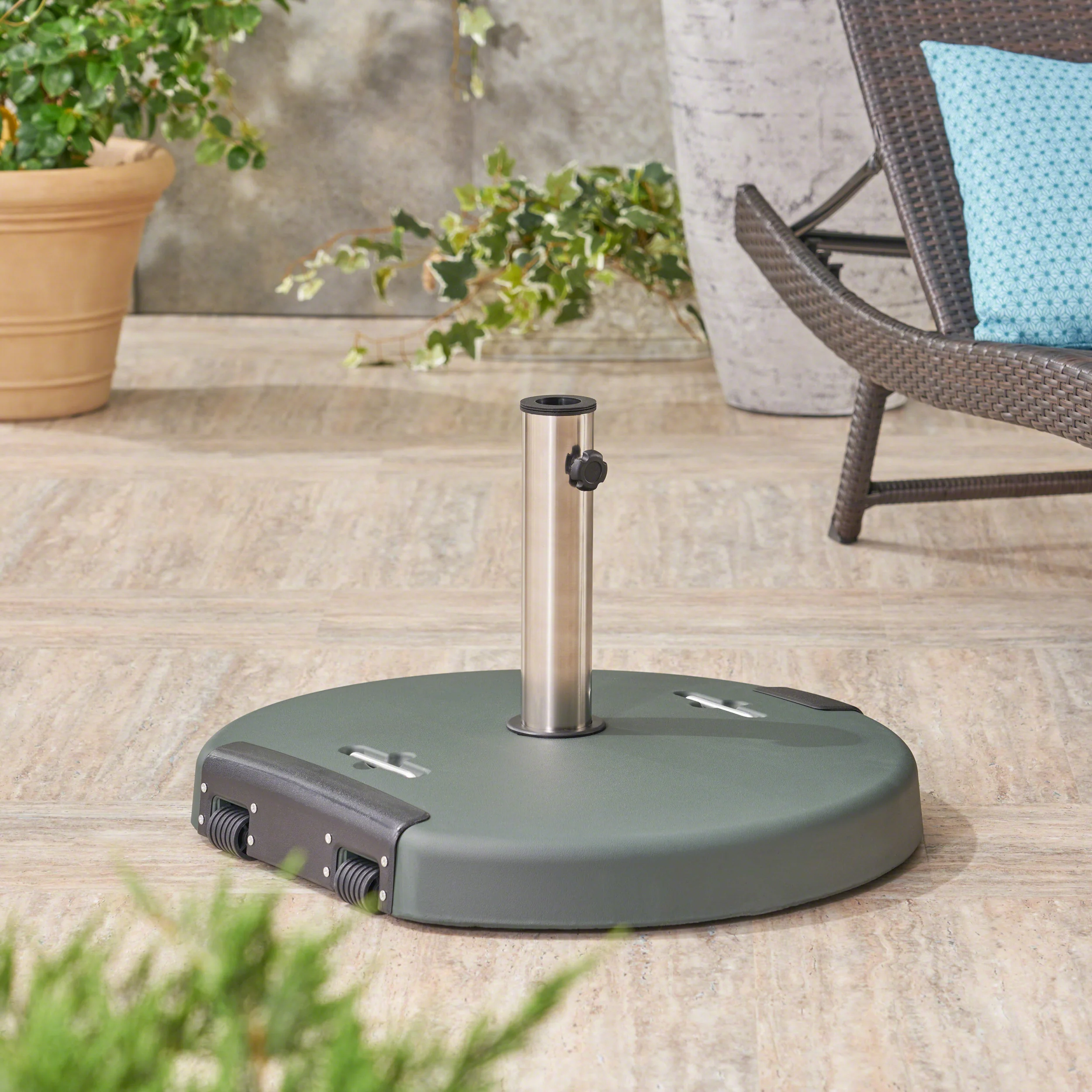 Kelly Outdoor 132lb Concrete Circular Umbrella Base with Stainless Steel Collar - furnishings