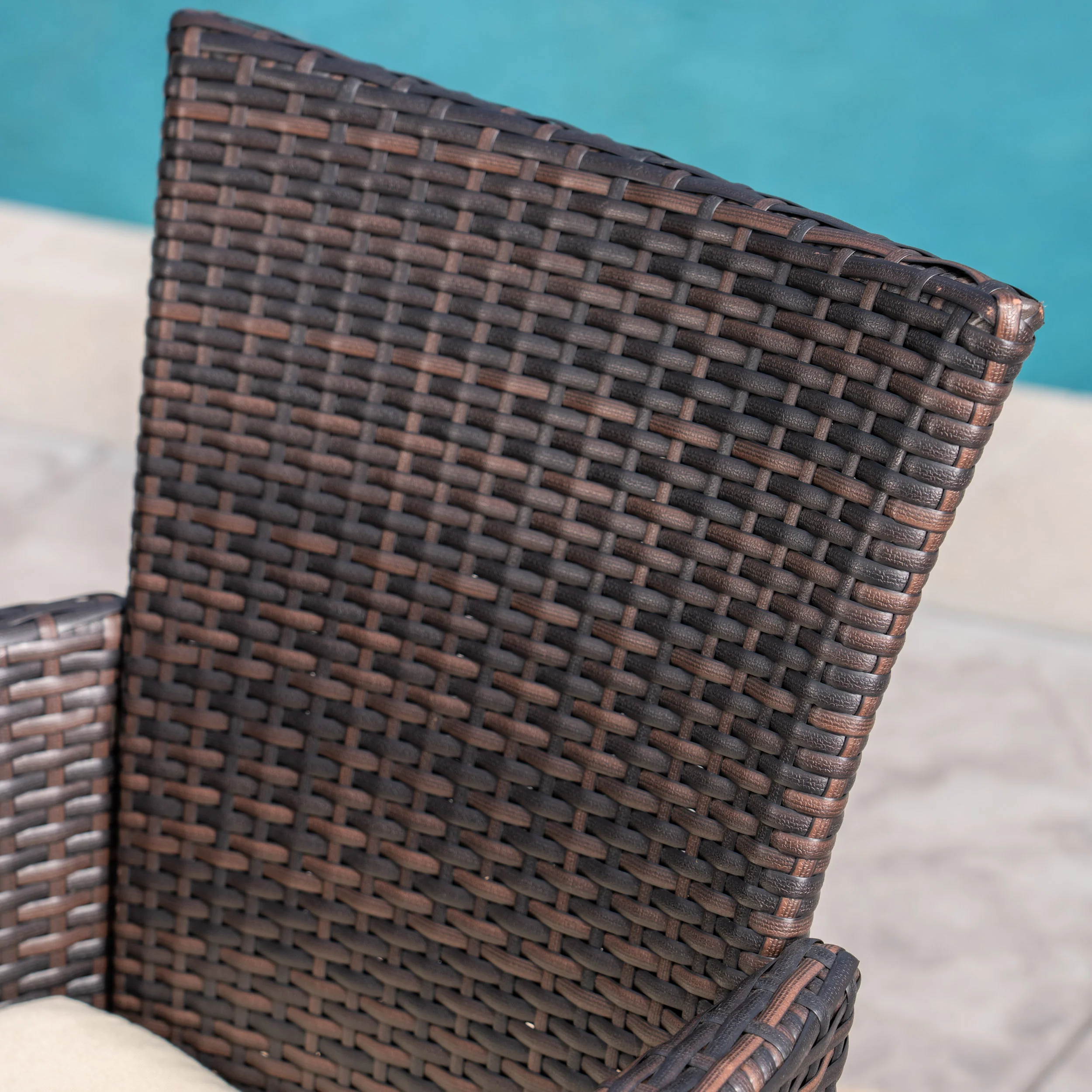 Randy Outdoor 7 Piece Acacia Wood/ Wicker Dining Set with Cushions, Teak Finish and Multibrown with Beige - furnishings