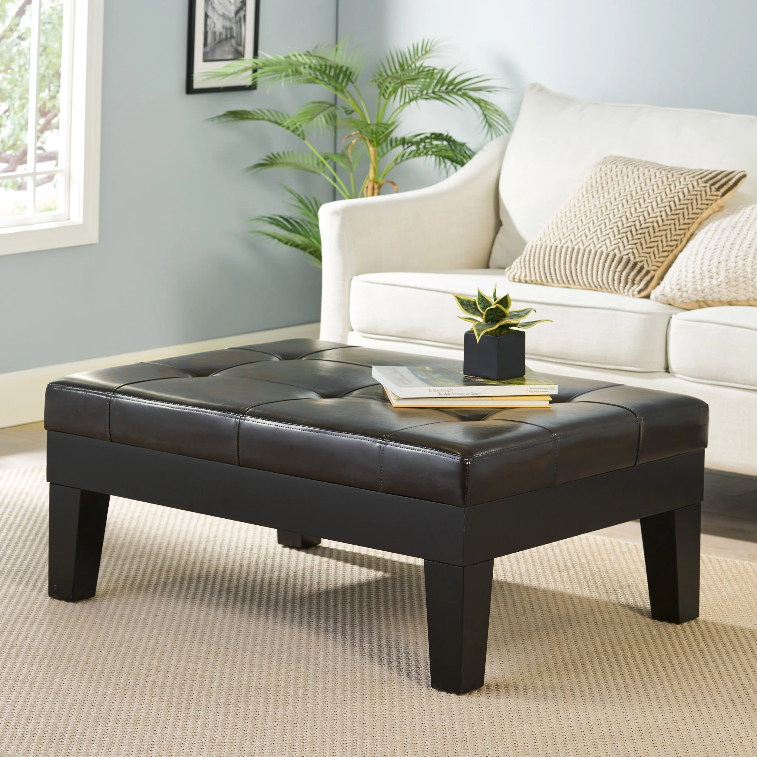 Tucson Contemporary Tufted Leather Storage Ottoman Table with Drawer - furnishings