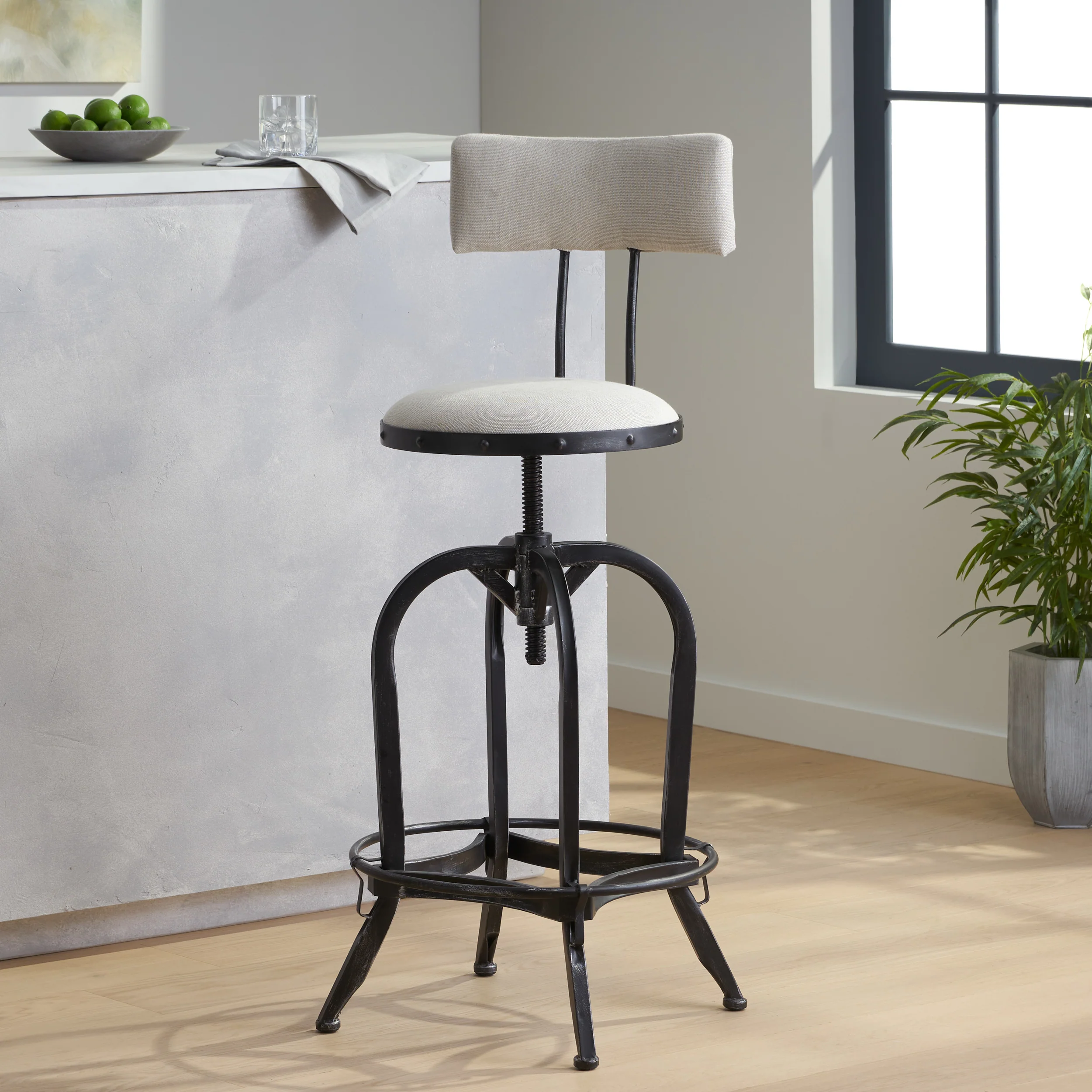 Contemporary Adjustable Fabric Off-White Swivel Barstool w/ Backrest - furnishings