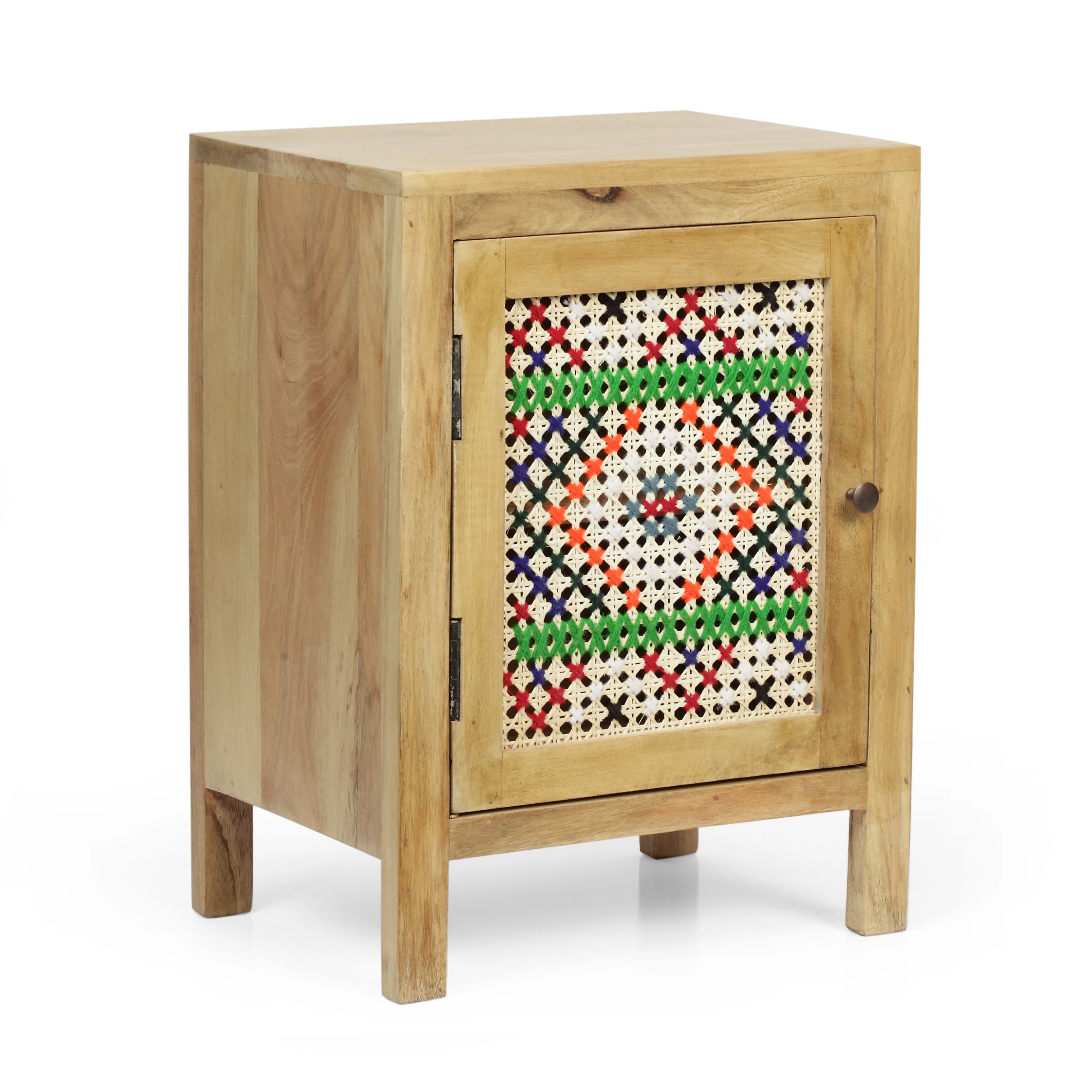 Reser Boho Handcrafted Mango Wood Nightstand with Wool Accents, Natural and Multi-Colored - furnishings