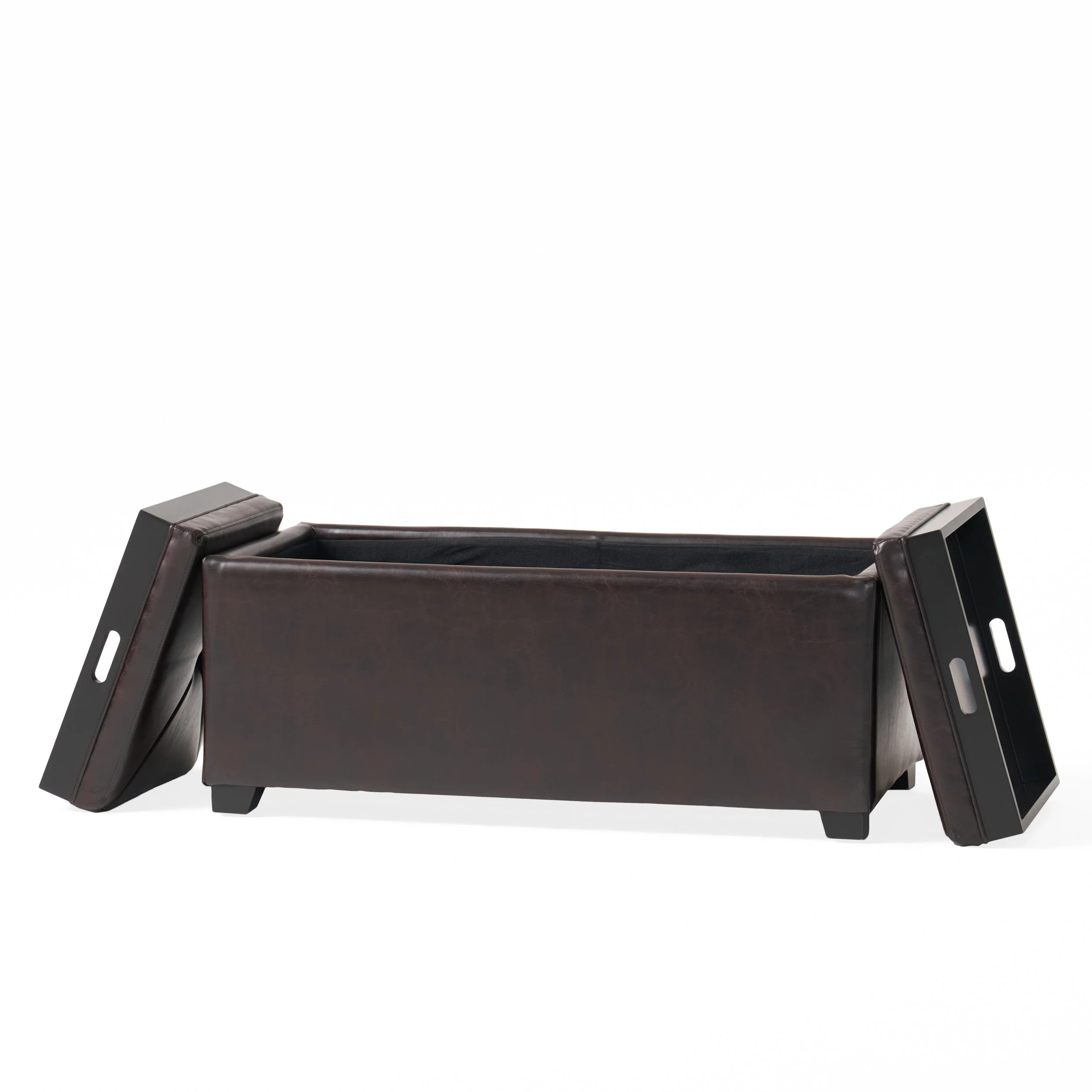 Contemporary Rectangular Storage Ottoman Leather 2-Tray-Top Coffee Table - furnishings