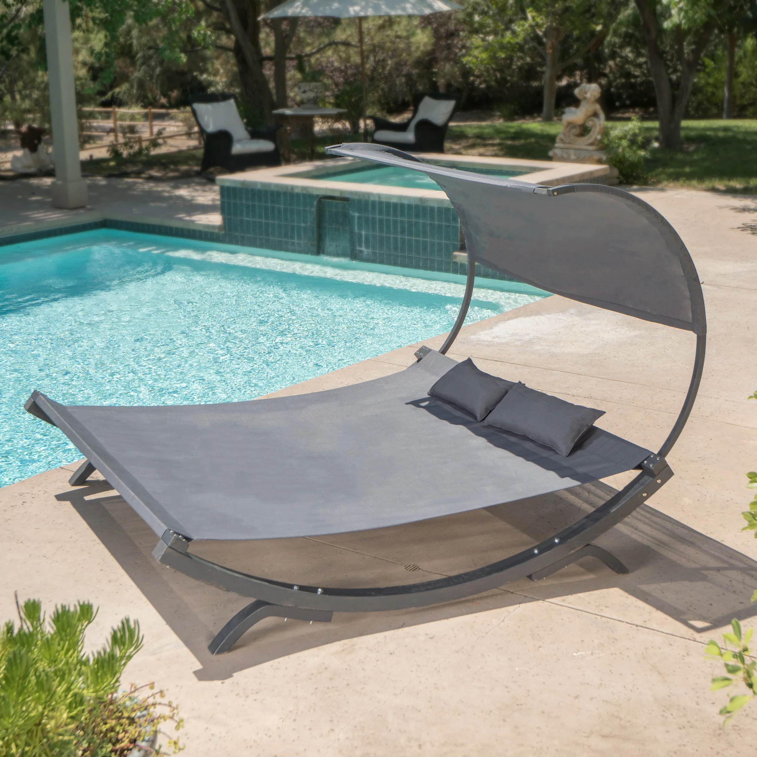 Merianna Gray Wood Sunbed with Gray Outdoor Mesh Canopy - furnishings