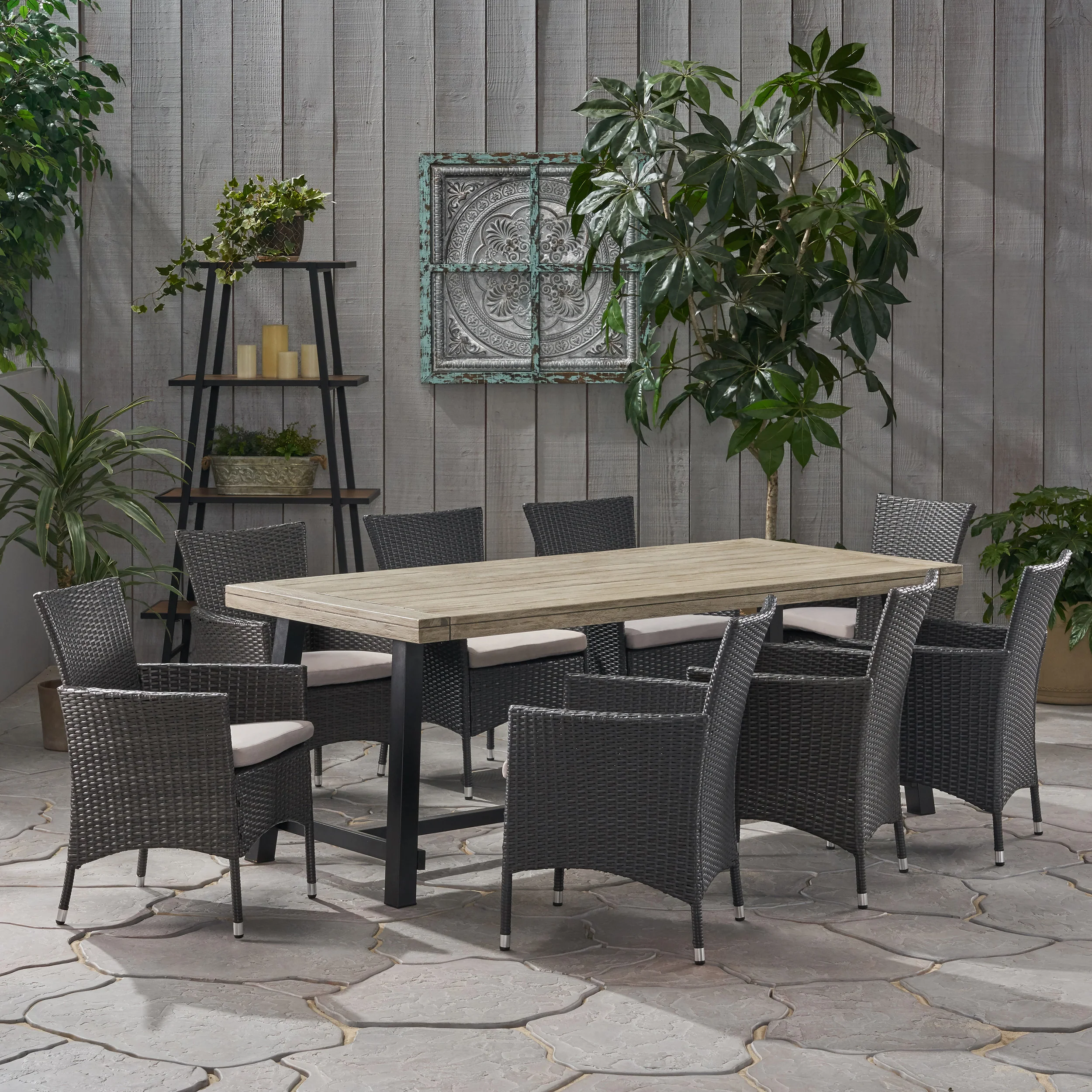 Mayson Outdoor Wood and Wicker 8 Seater Dining Set - furnishings