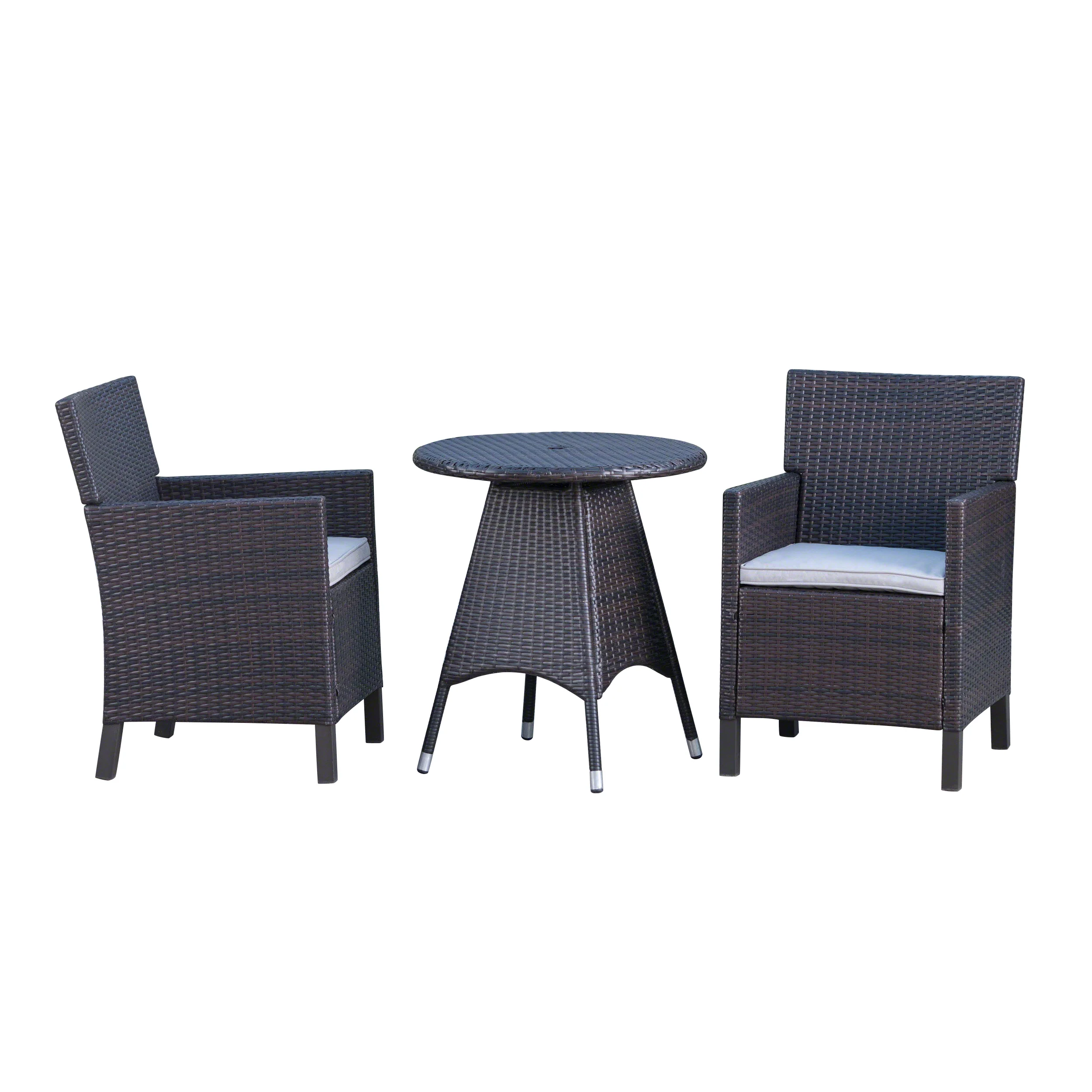 Shiny Outdoor 3 Piece Multibrown Wicker Round Dining Set with Light Brown Water Resistant Cushions - furnishings