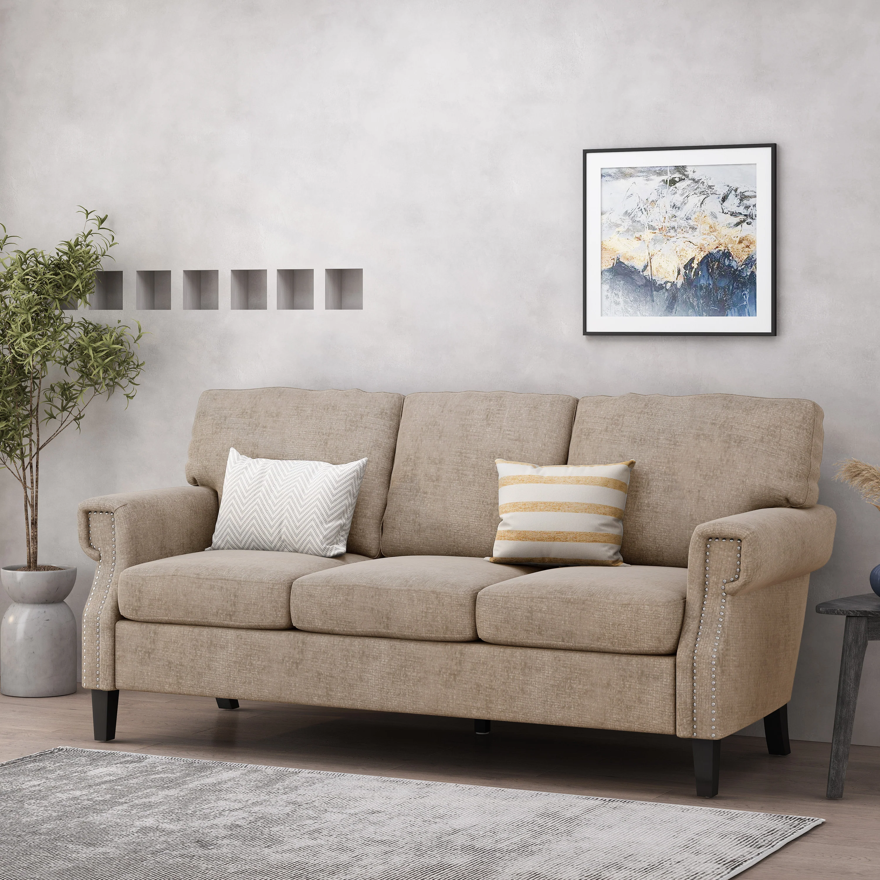 Dobles Contemporary Fabric 3 Seater Sofa with Nailhead Trim - furnishings