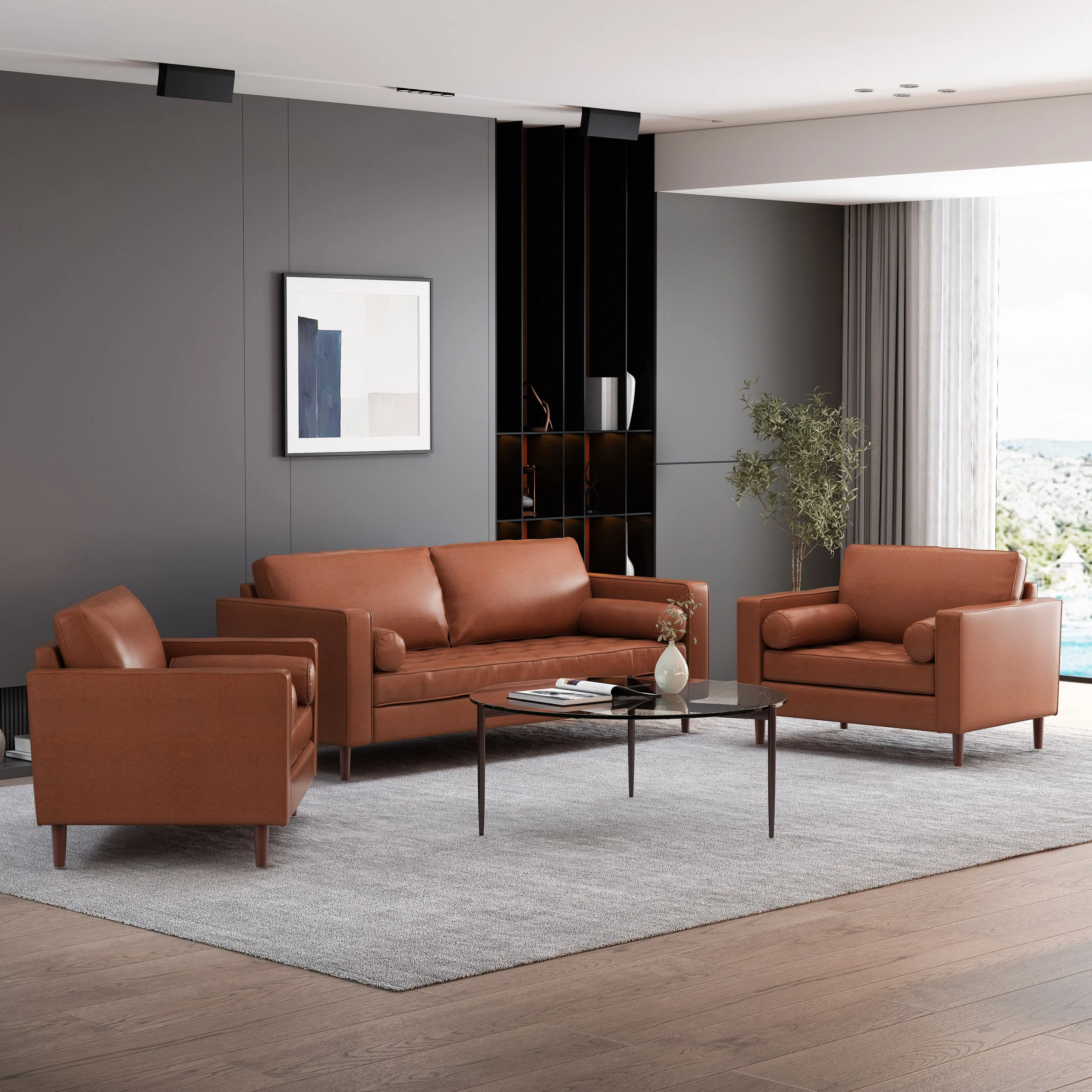 Hixon Contemporary Faux Leather Tufted 3 Piece Sofa and Club Chair Set - furnishings