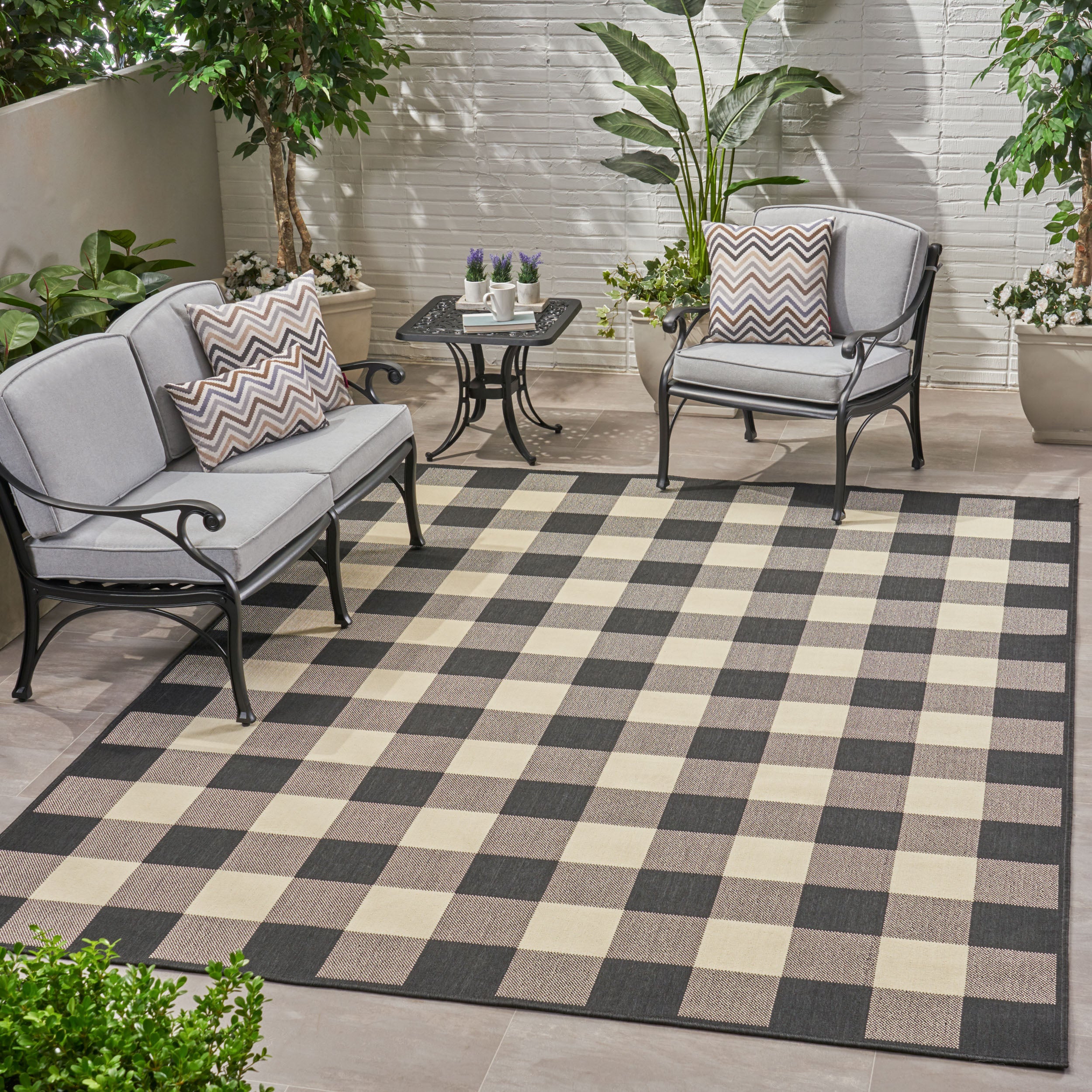 Jessica Outdoor Check Area Rug, Black and Ivory - furnishings