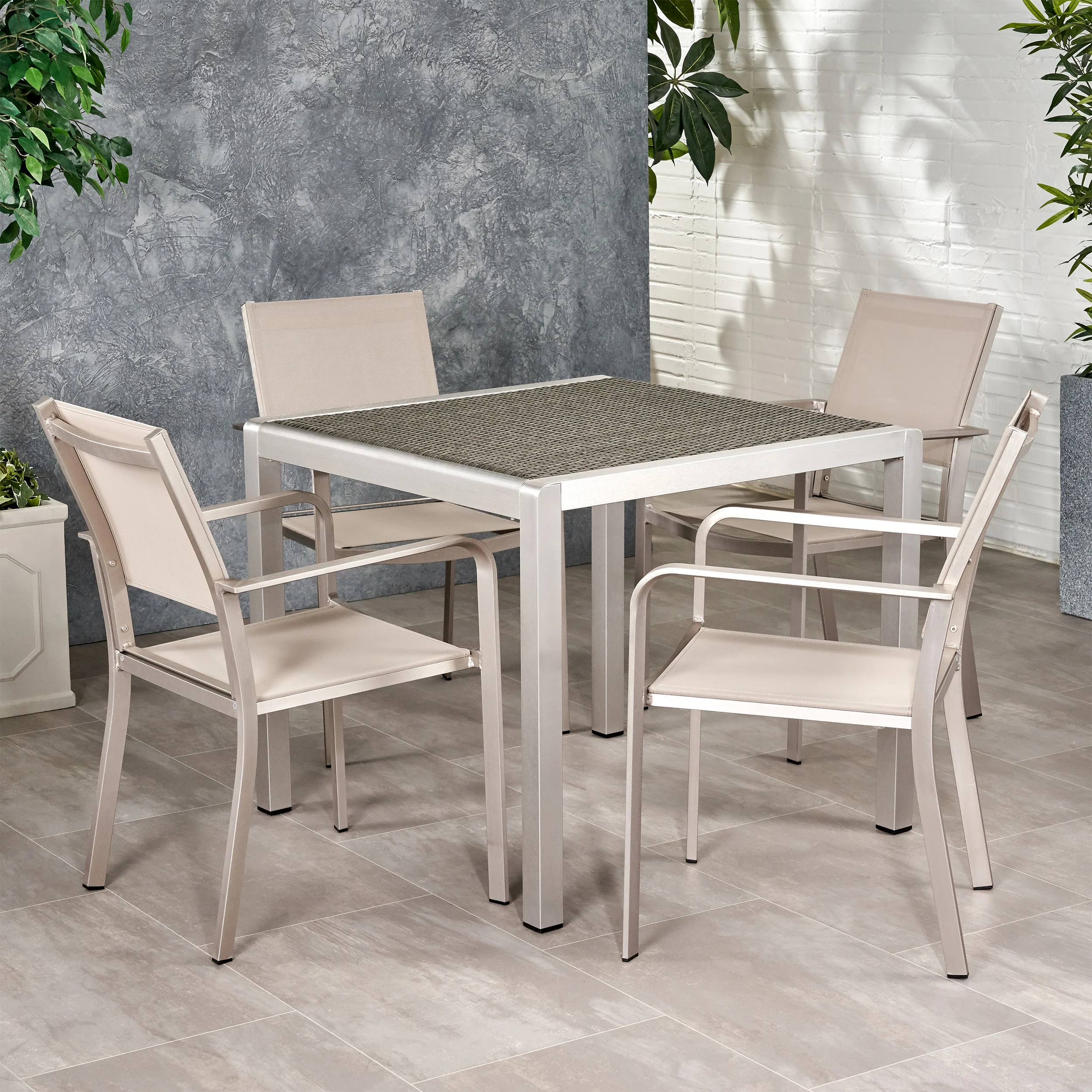 Rorik Outdoor Modern 4 Seater Aluminum Dining Set with Wicker Table Top - furnishings