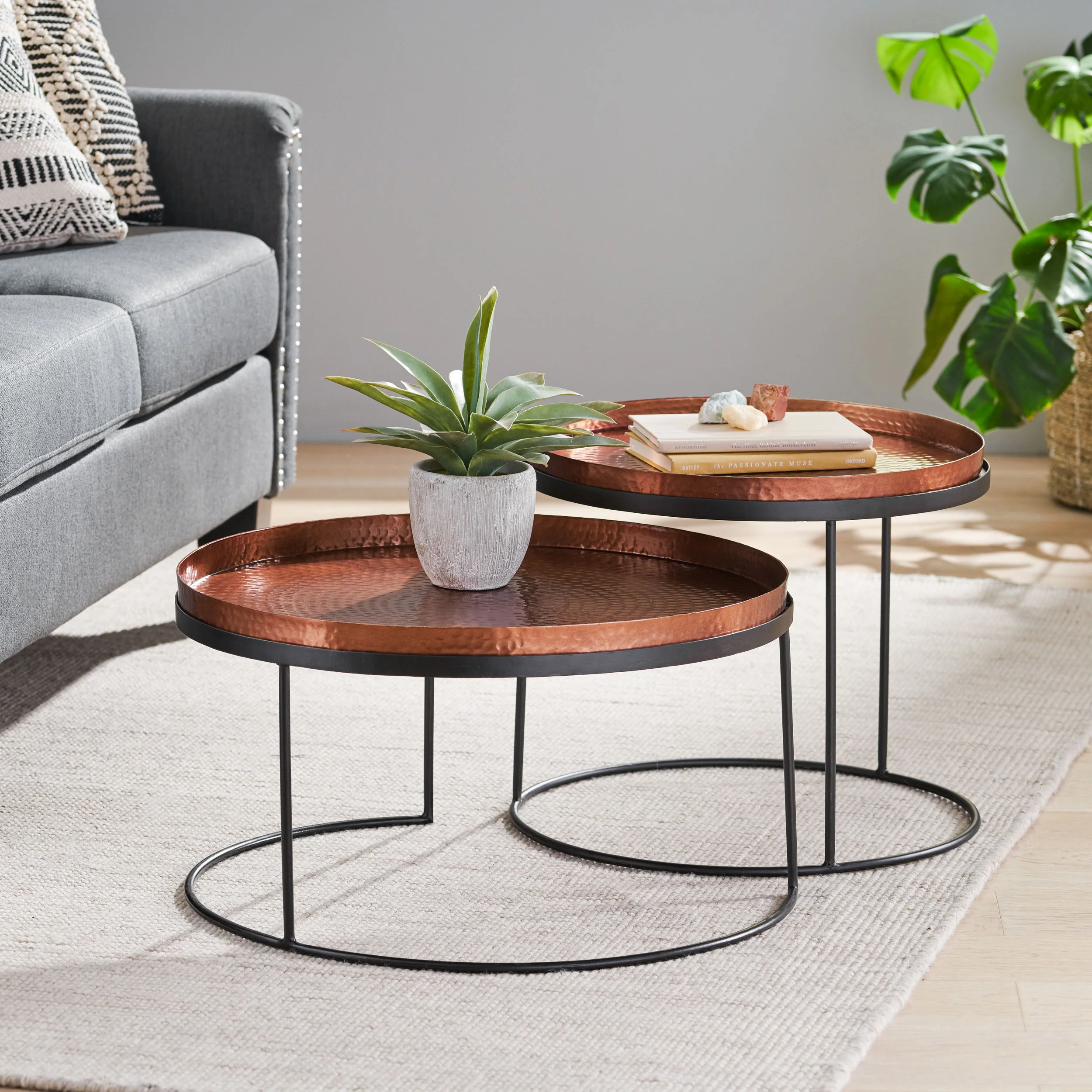 Millard Modern Handcrafted Hammered Aluminum Nesting Accent Tables, Set of 2, Copper and Black - furnishings
