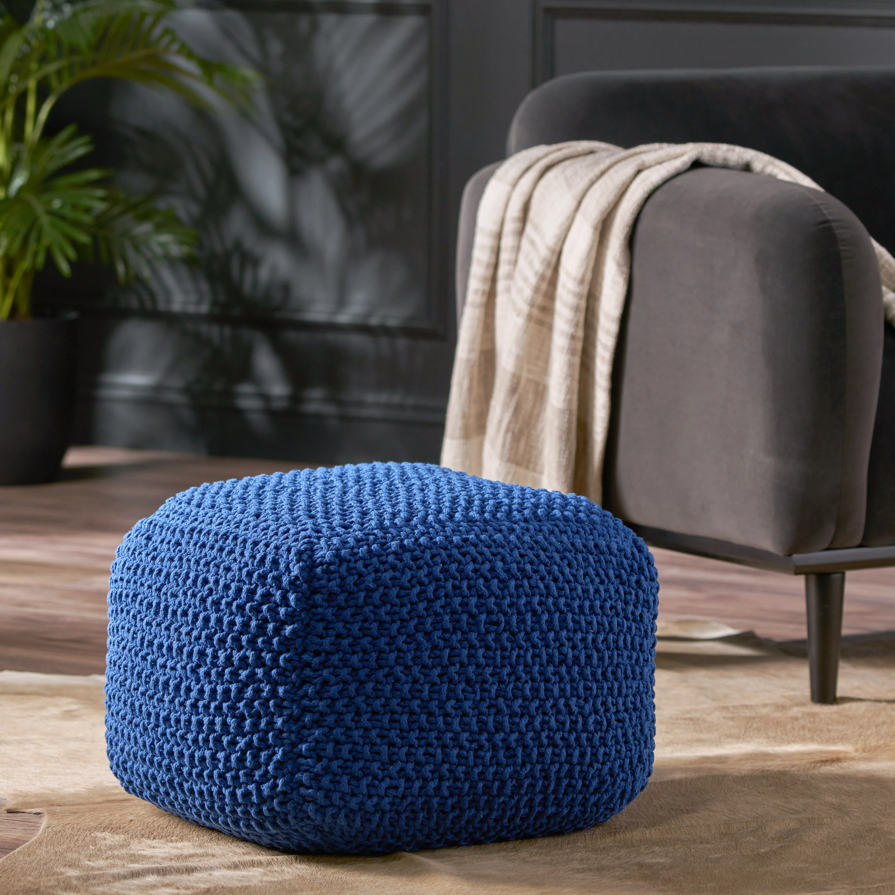 Knox Modern Boho Hand-Knitted Cotton Thread Pouf Foot Stool - furnishings