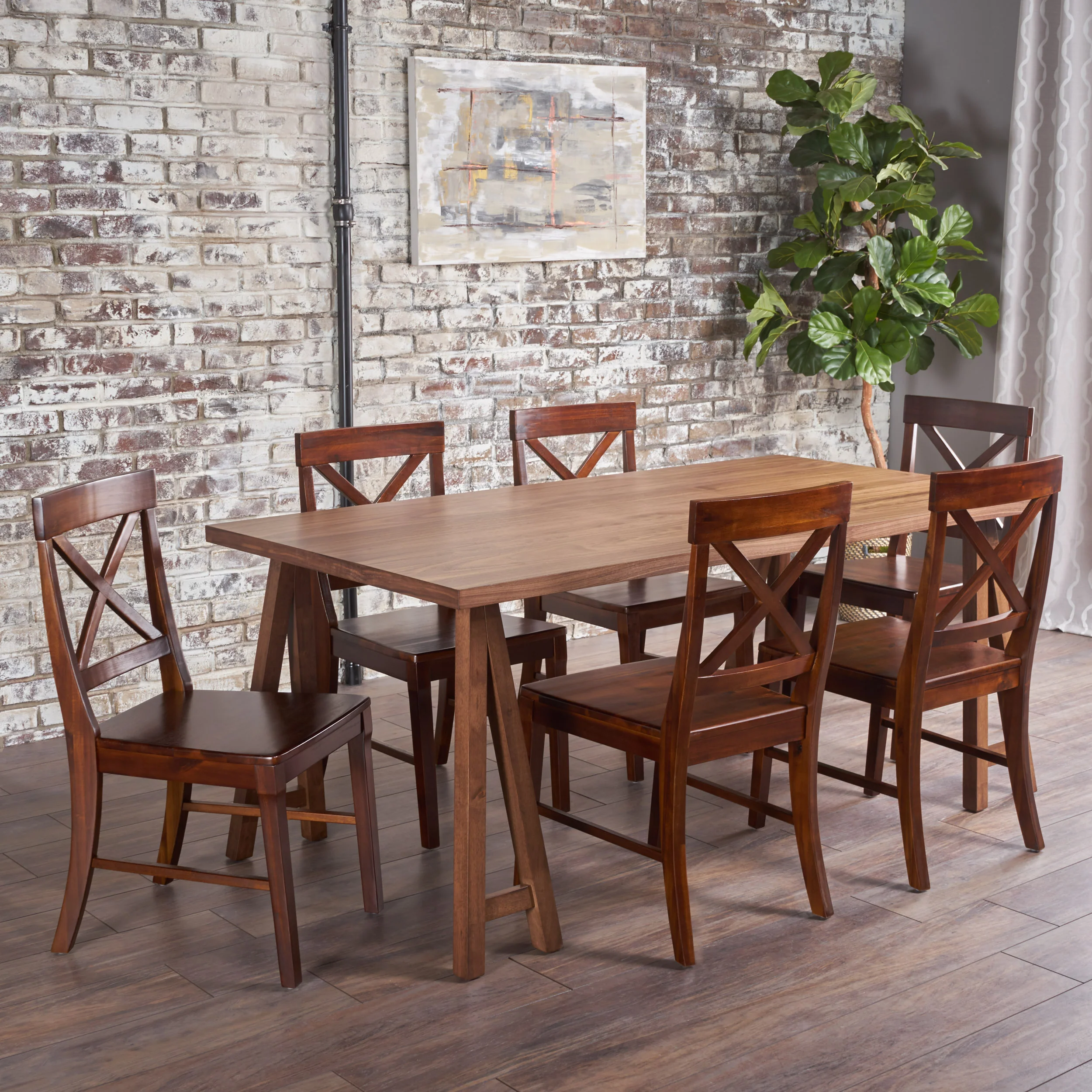 Sambora Farmhouse 7 Piece Dining Set w/ Rich Mahogany Chairs - furnishings