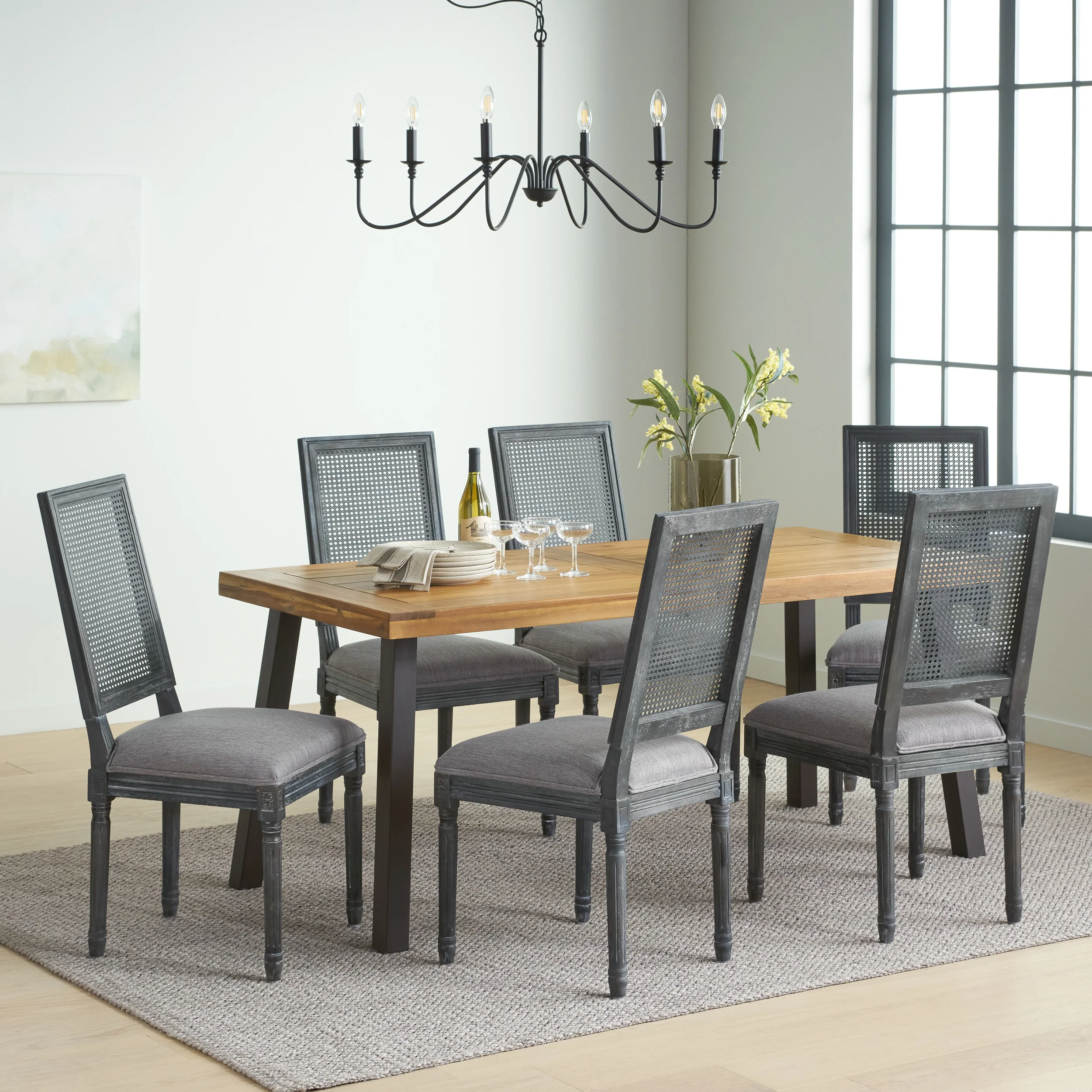 Whitten Farmhouse Fabric Upholstered Wood and Cane 7 Piece Dining Set - furnishings