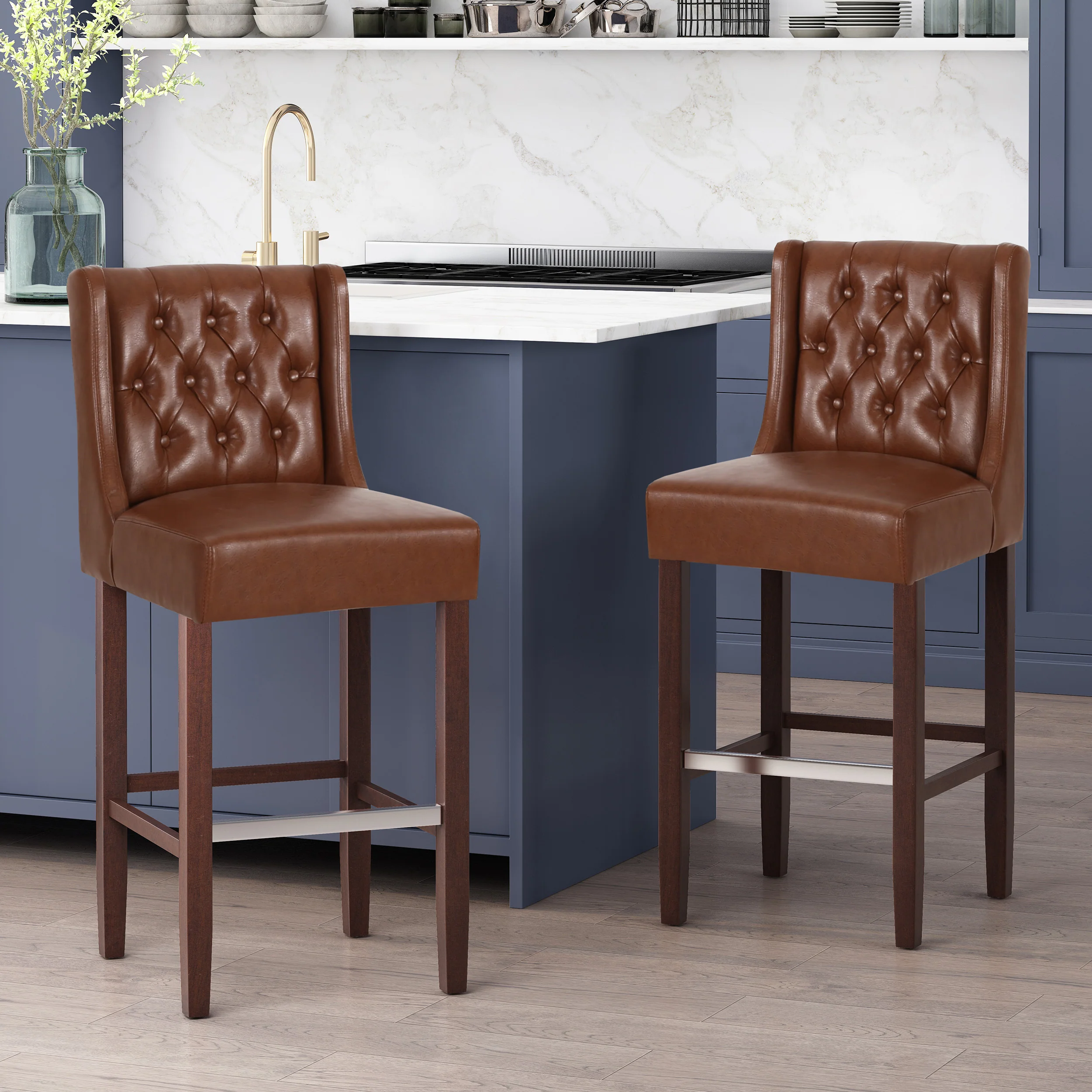 Leeandre Contemporary Wingback Faux Leather Barstools (Set of 2) - furnishings