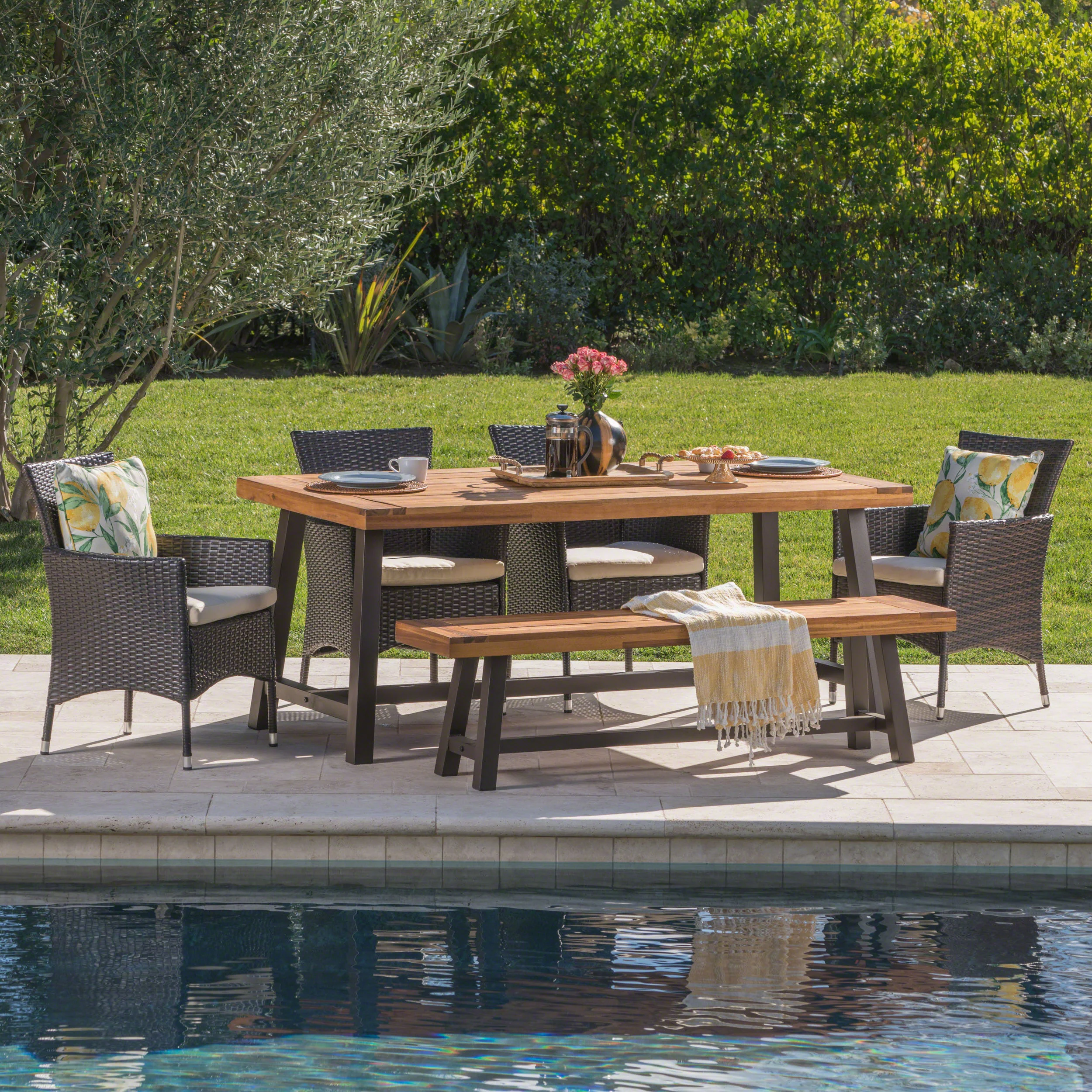Linda Outdoor 6 Piece Iron and Sandblast Finished Acacia Wood Dining Set - furnishings