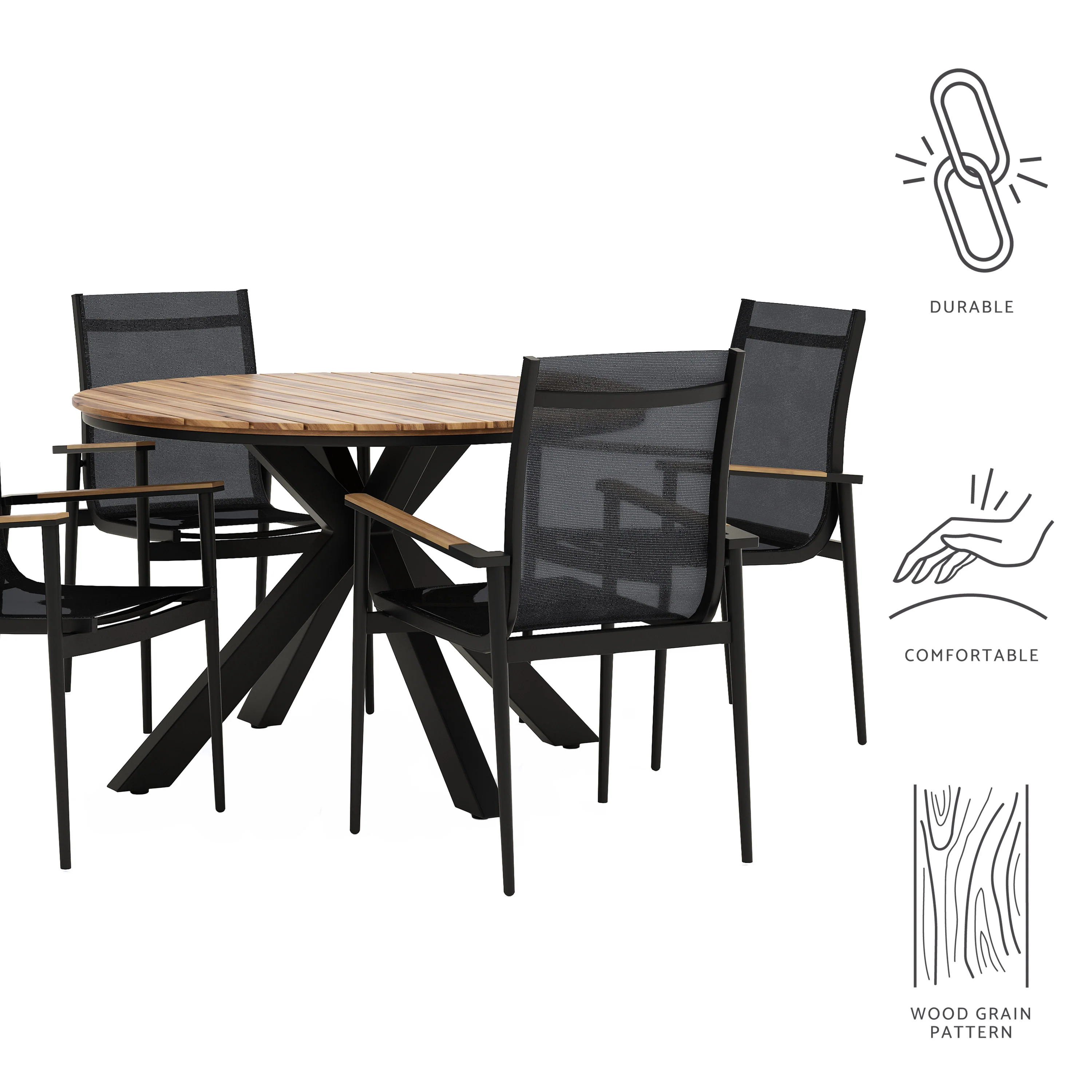 Norcrest Outdoor Mesh and Acacia Wood 5 Piece Dining Set, Black and Teak - furnishings
