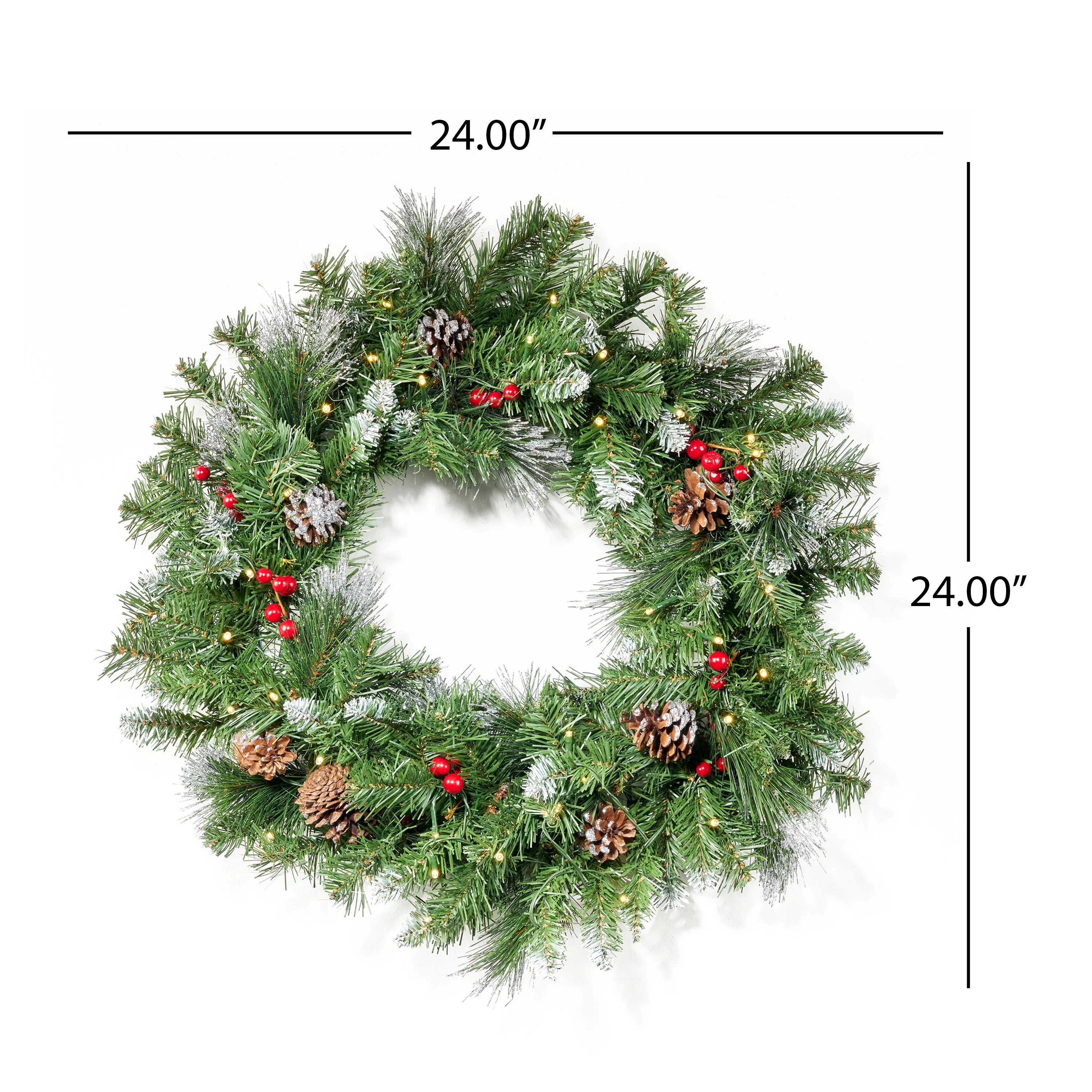 Chrisan 24''Glitter Bristle Mixed Wreath with with 9 Red Berry and 9 Pine - furnishings