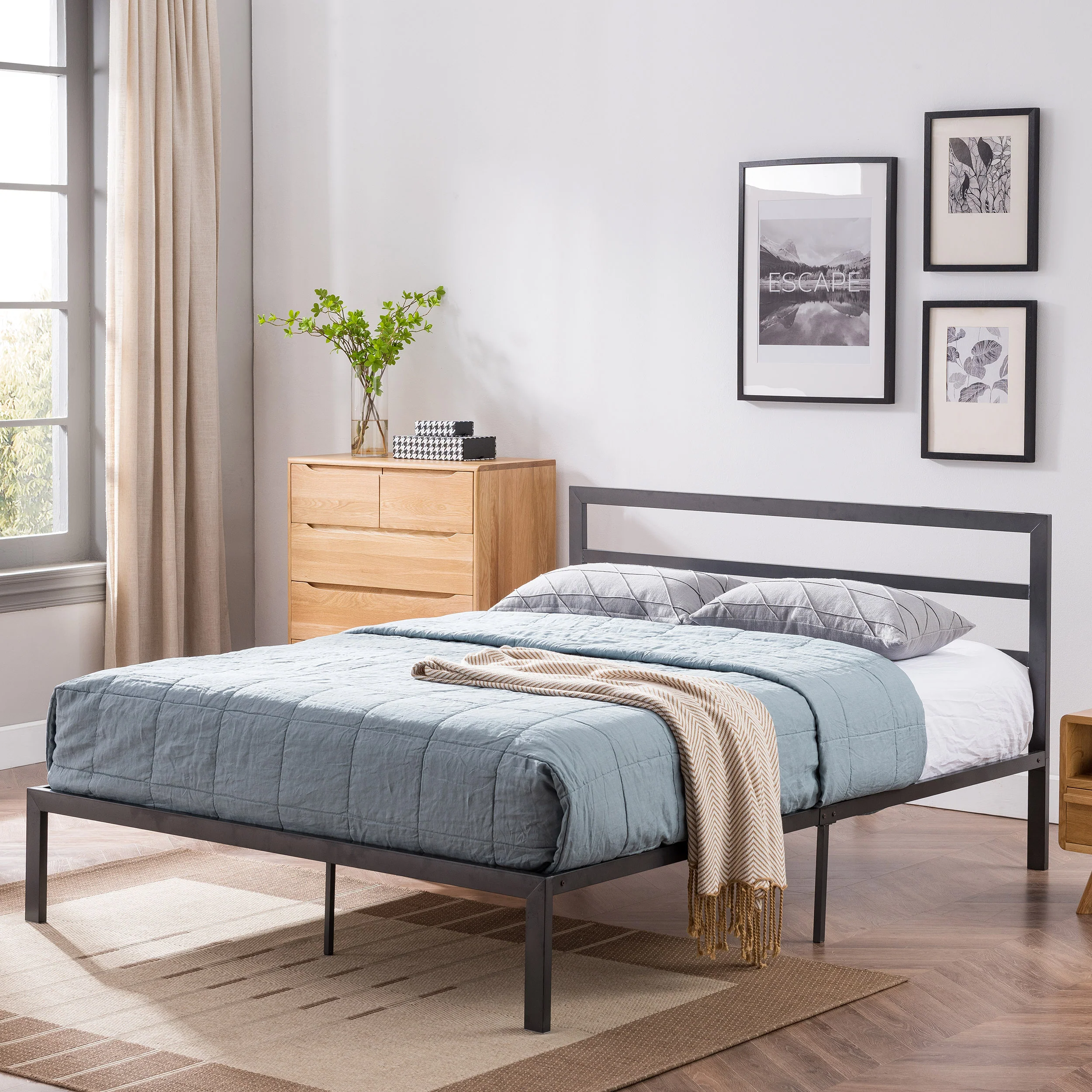 Jones Minimalistic Modern Slat Iron Queen-Size Bed Frame - furnishings