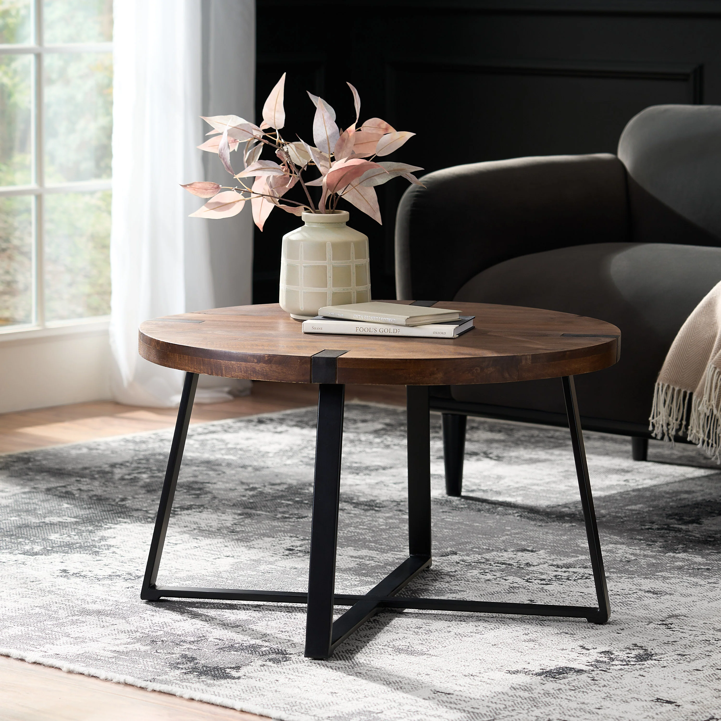Riverlake Handmade Mango Wood and Iron Circular Coffee Table, Walnut Brown and Black - furnishings