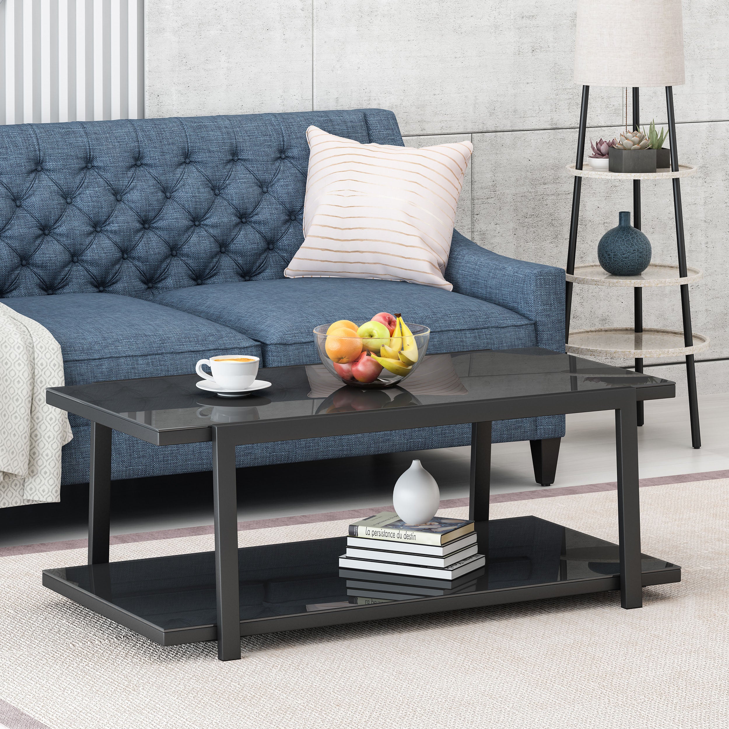 Tilley Modern Glass Top Coffee Table with Shelf, Black - furnishings