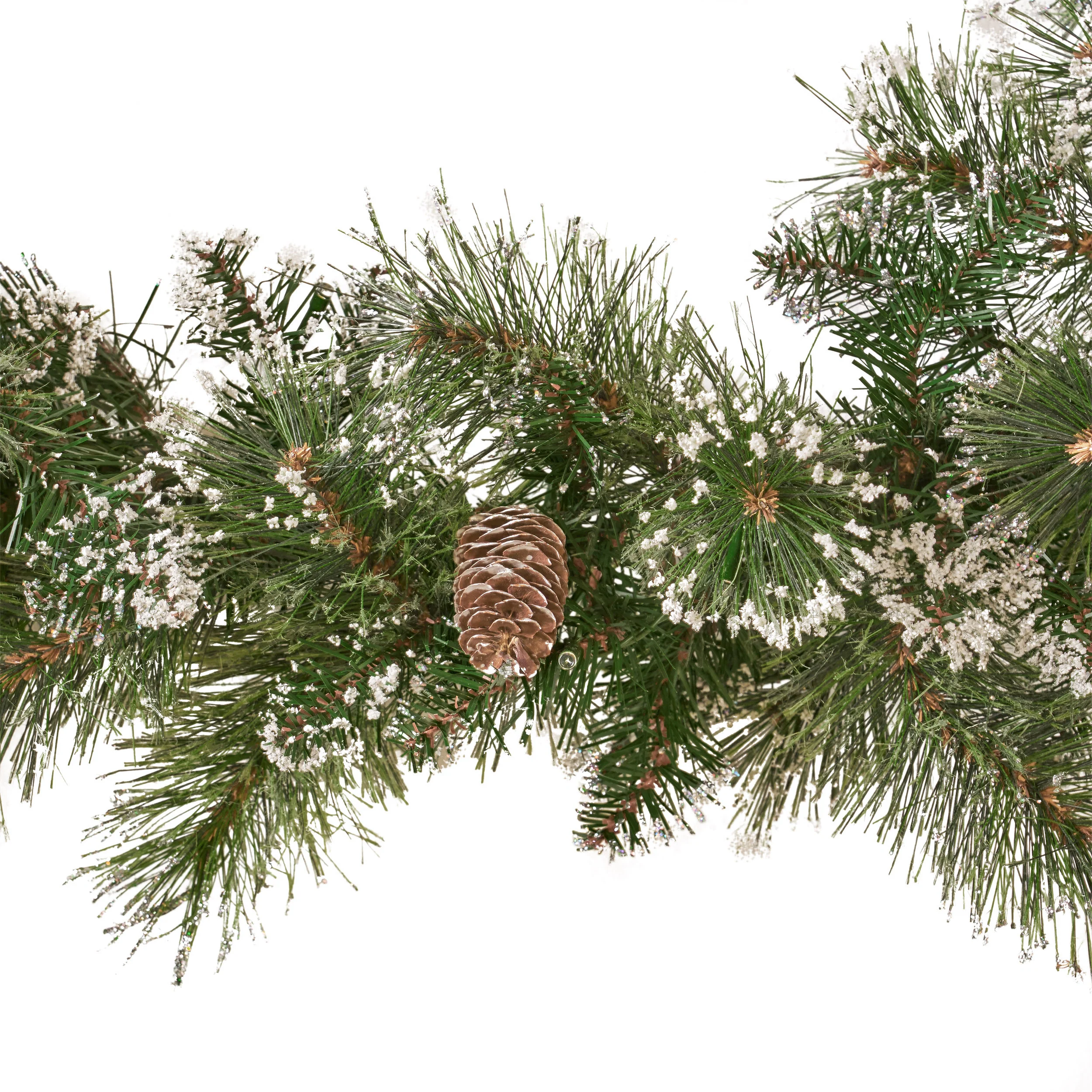 9-foot Cashmere Pine and Mixed Needle Pre-Lit Warm White LED Artificial Christmas Garland with Snow and Glitter Branches and Frosted Pinecones - furnishings