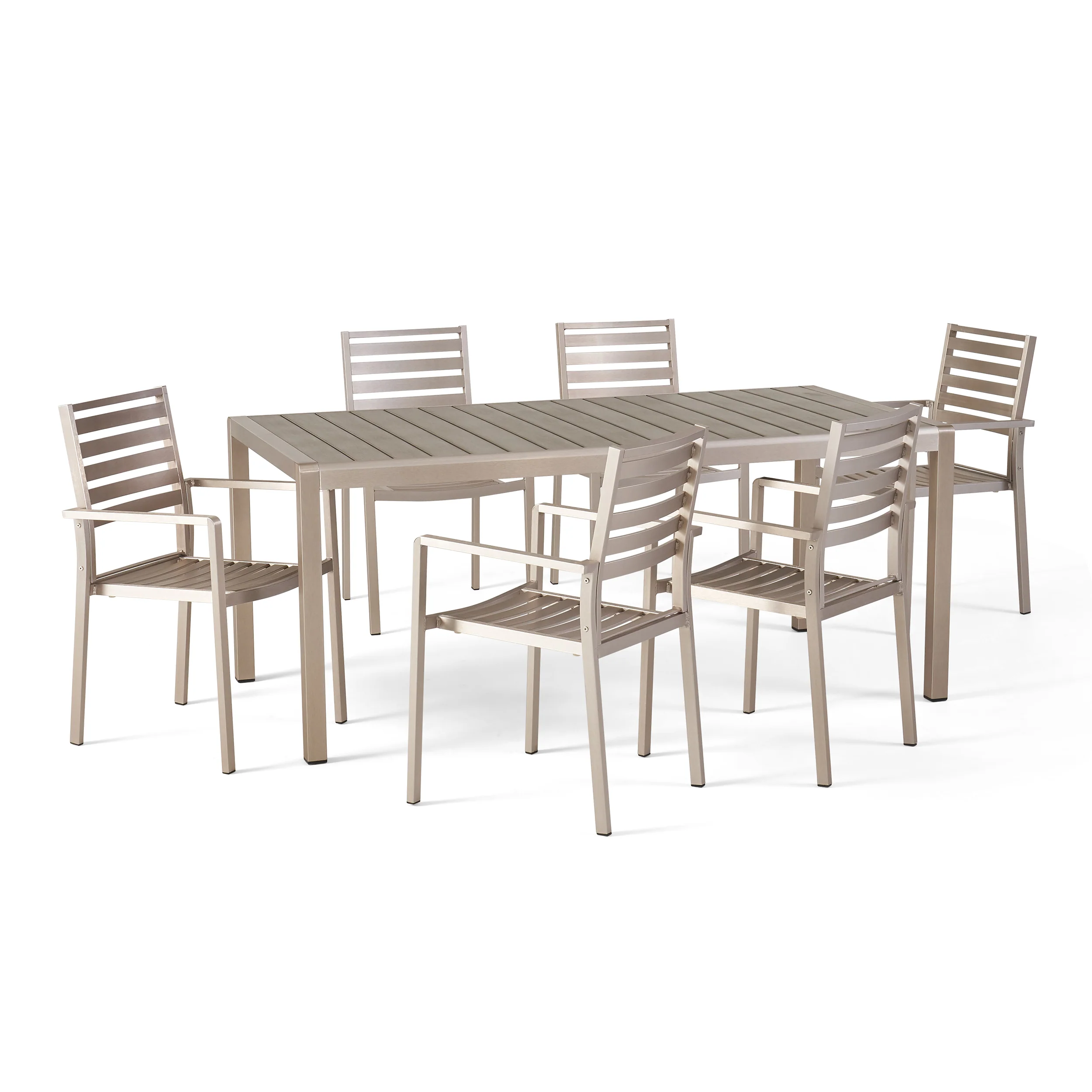 Cherie Outdoor Modern 6 Seater Aluminum Dining Set with Faux Wood Table Top - furnishings