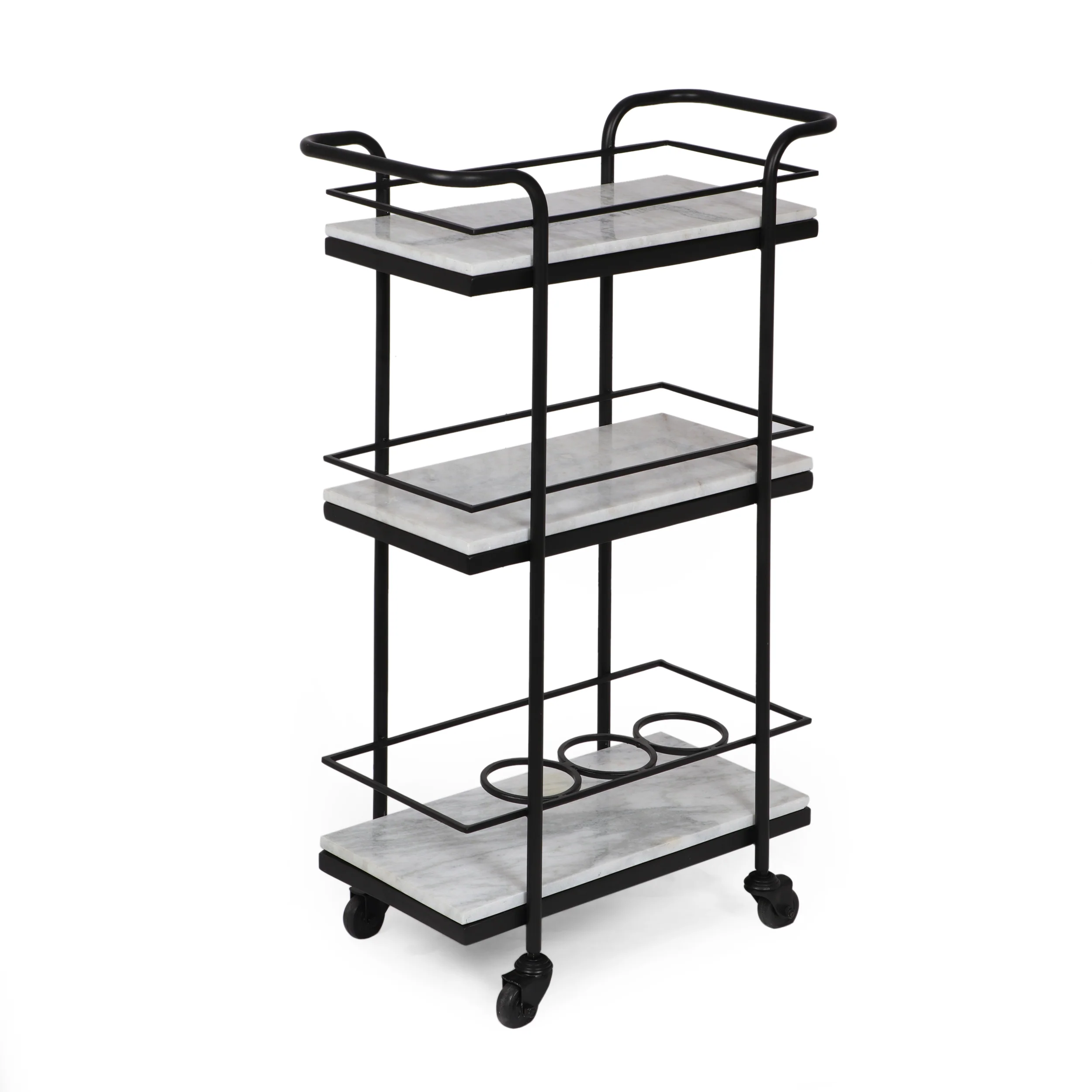 Maria Modern Glam 3 Tier Bar Cart with Marble Shelving, Black and White - furnishings