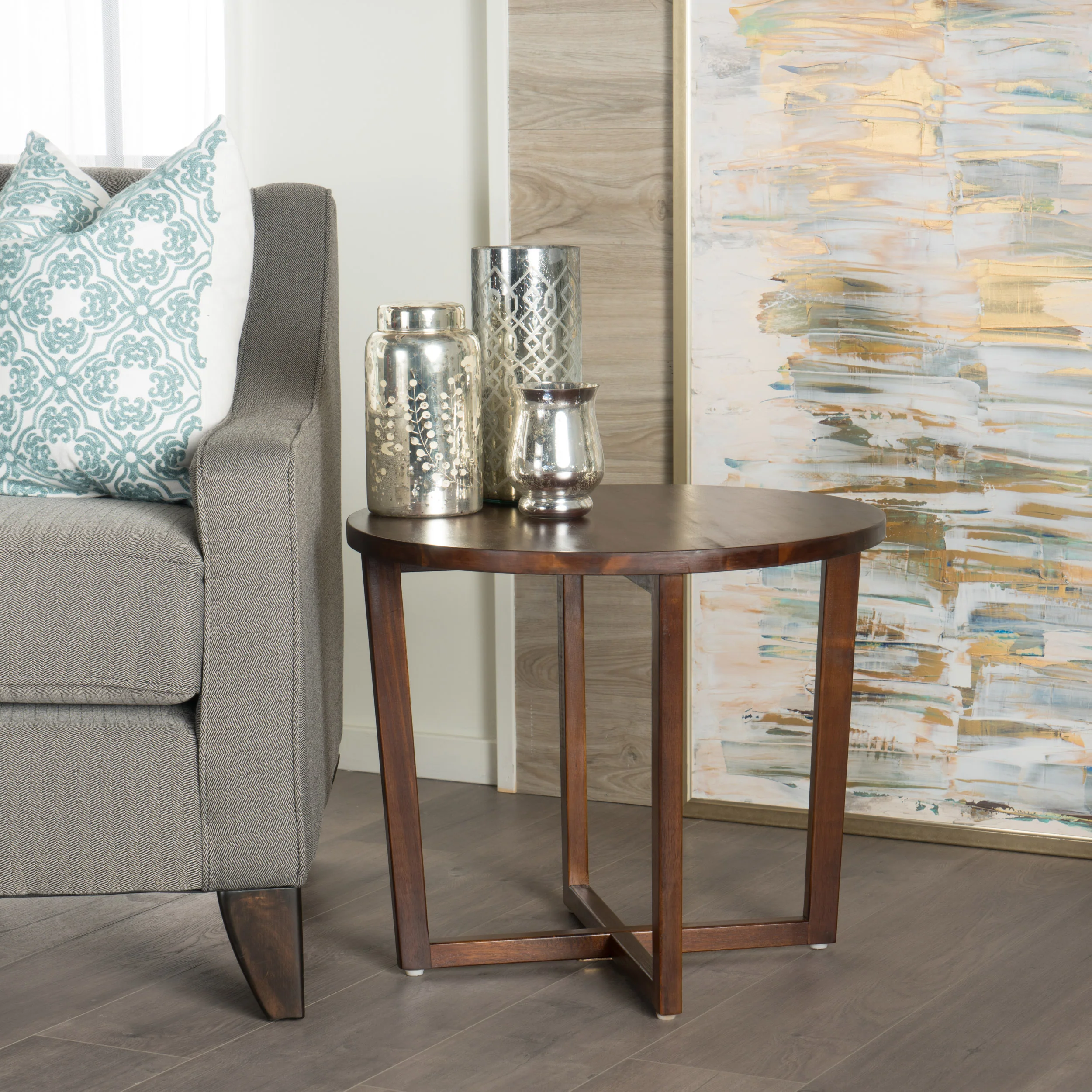 Tanzania Rustic Round Mahogany Acacia Wood End Table with Criss Cross Legs - furnishings