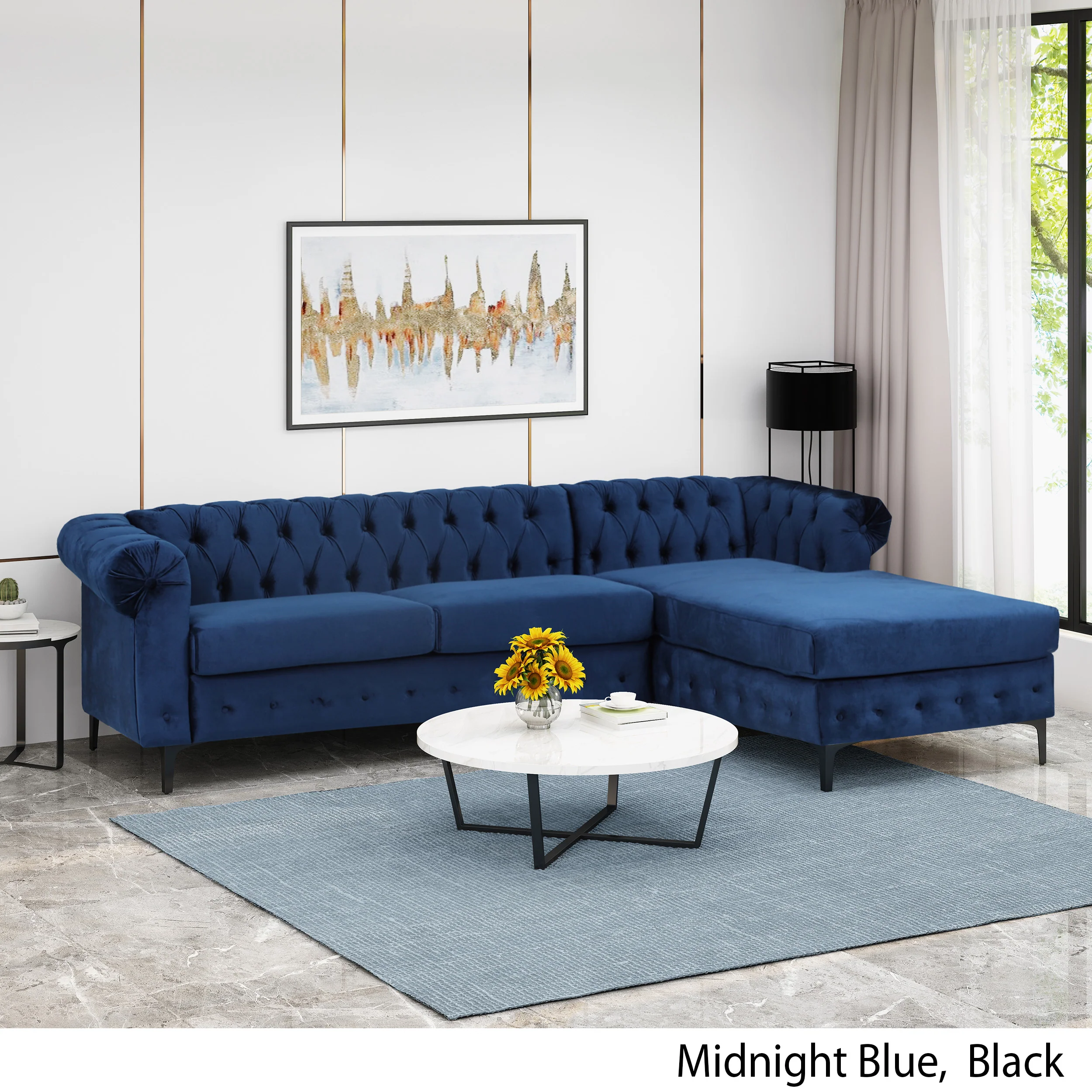 Juelz Contemporary Velvet 3 Seater Sectional Sofa with Chaise Lounge - furnishings