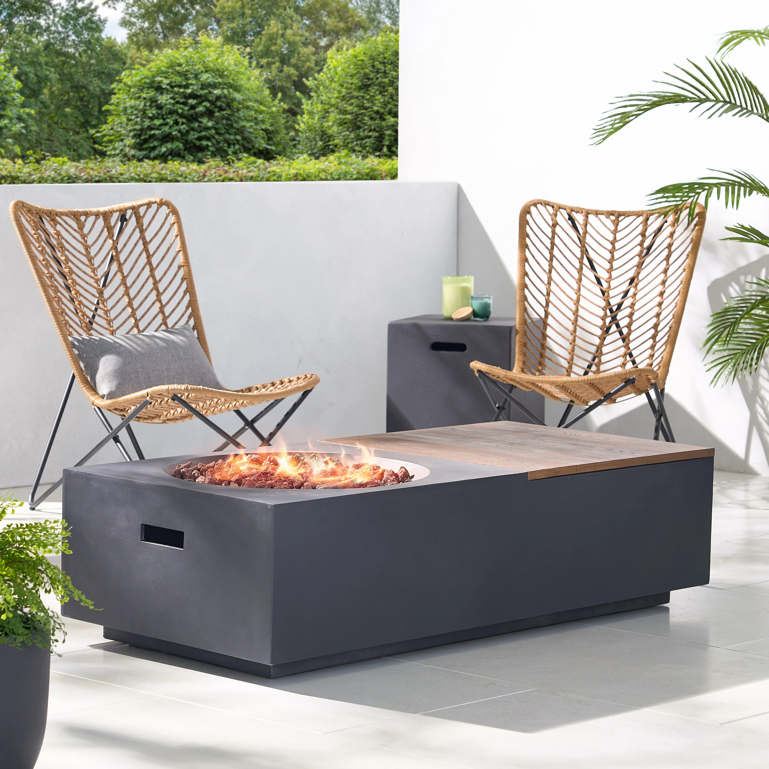 Fruite Outdoor 50,000 BTU Lightweight Concrete Rectangular Fire Pit Table with Tank Holder, Dark Gray and Natural - furnishings